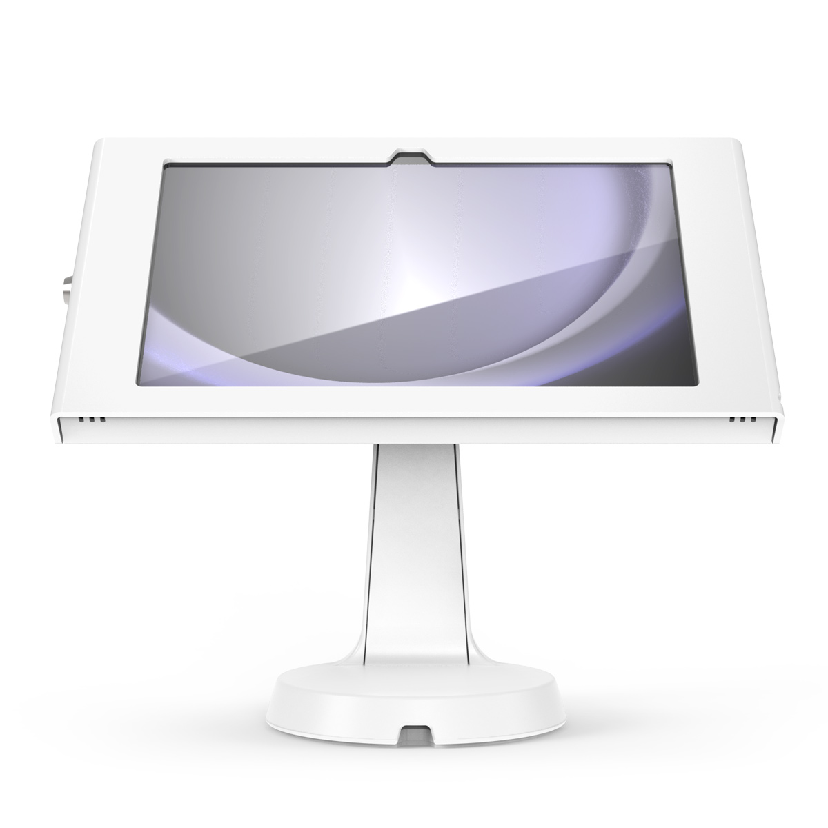White Compulocks Mast counter stand with an Apex enclosure holding an 11-inch Samsung Galaxy Tab A9+ or A11+. — view 3