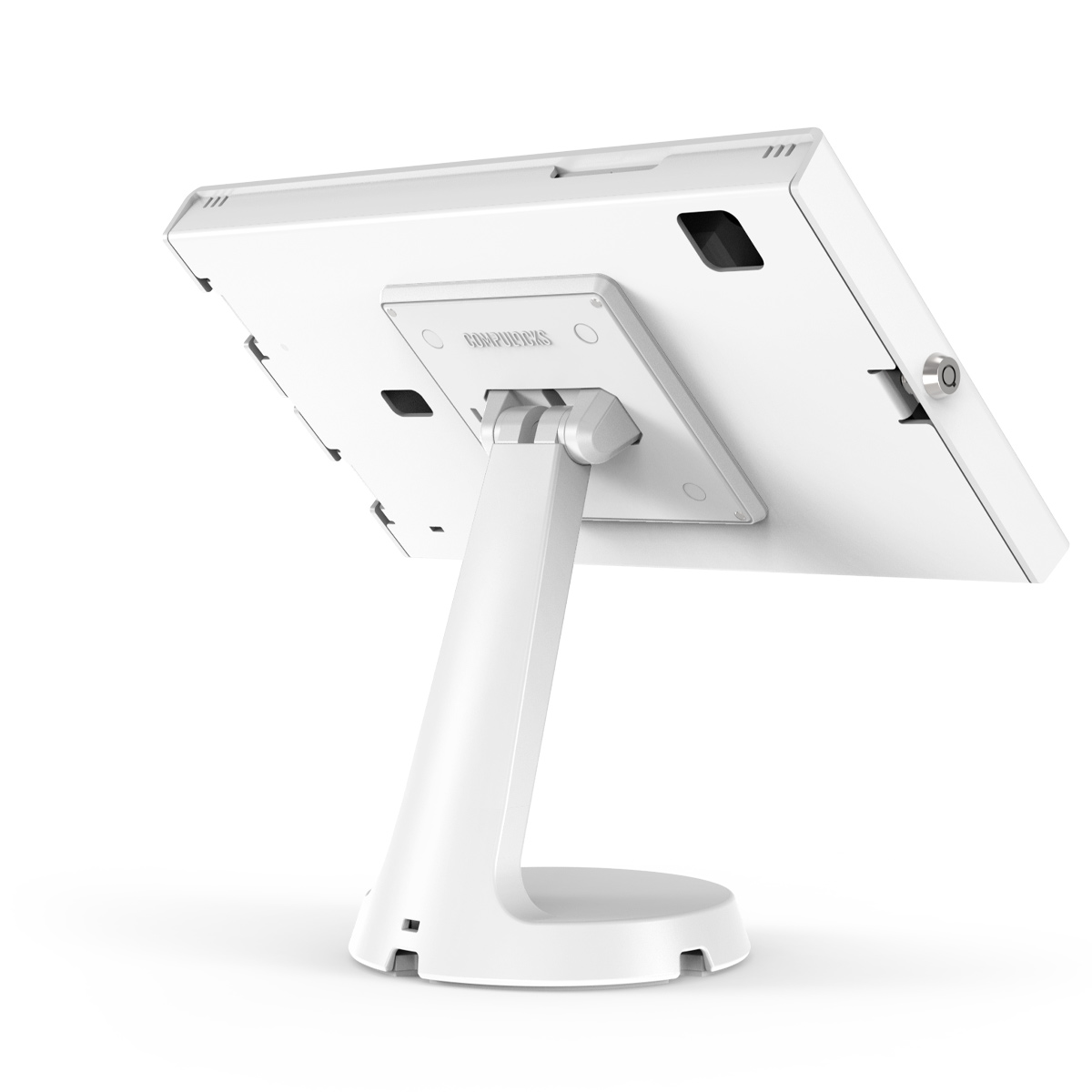 White Compulocks Mast counter stand with an Apex enclosure holding an 11-inch Samsung Galaxy Tab A9+ or A11+. — view 2