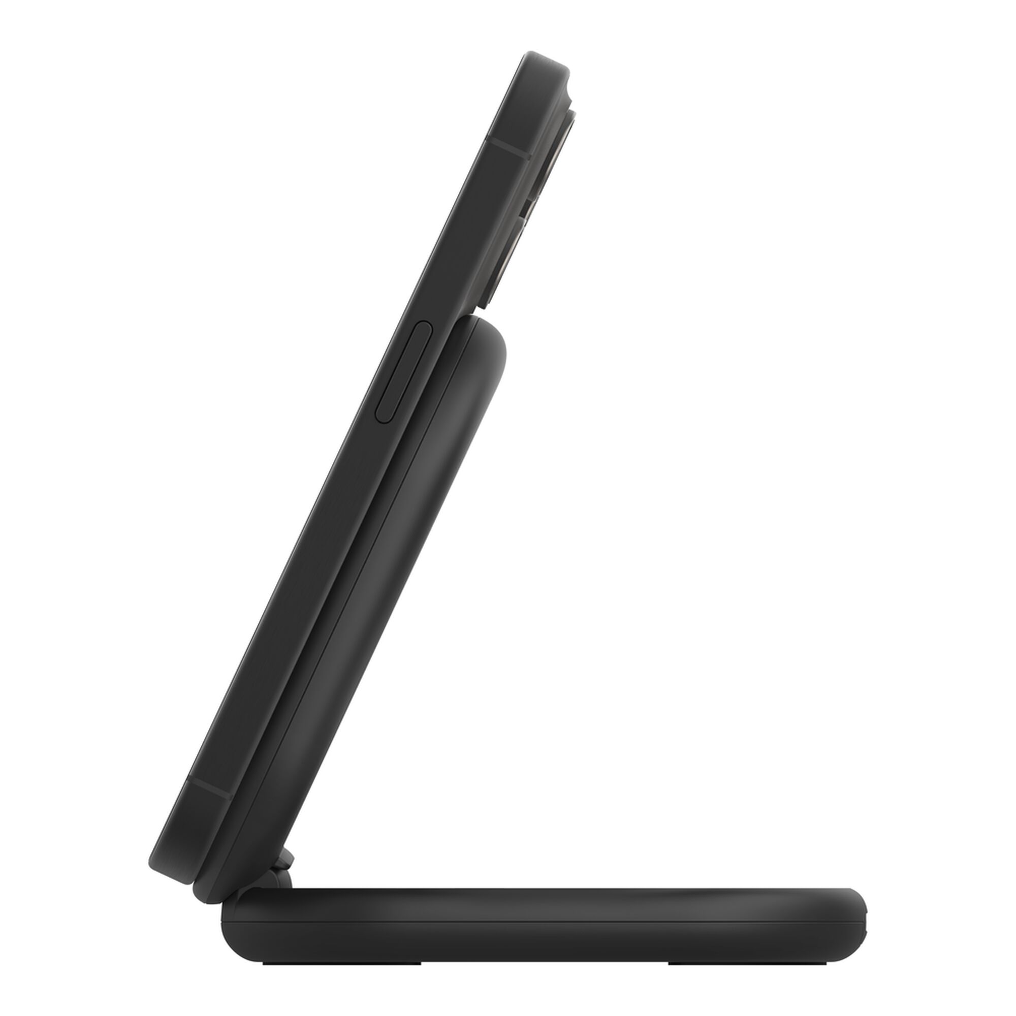 Black Belkin BoostCharge Qi2 15W magnetic foldable wireless charging stand holding an iPhone upright. — view 10