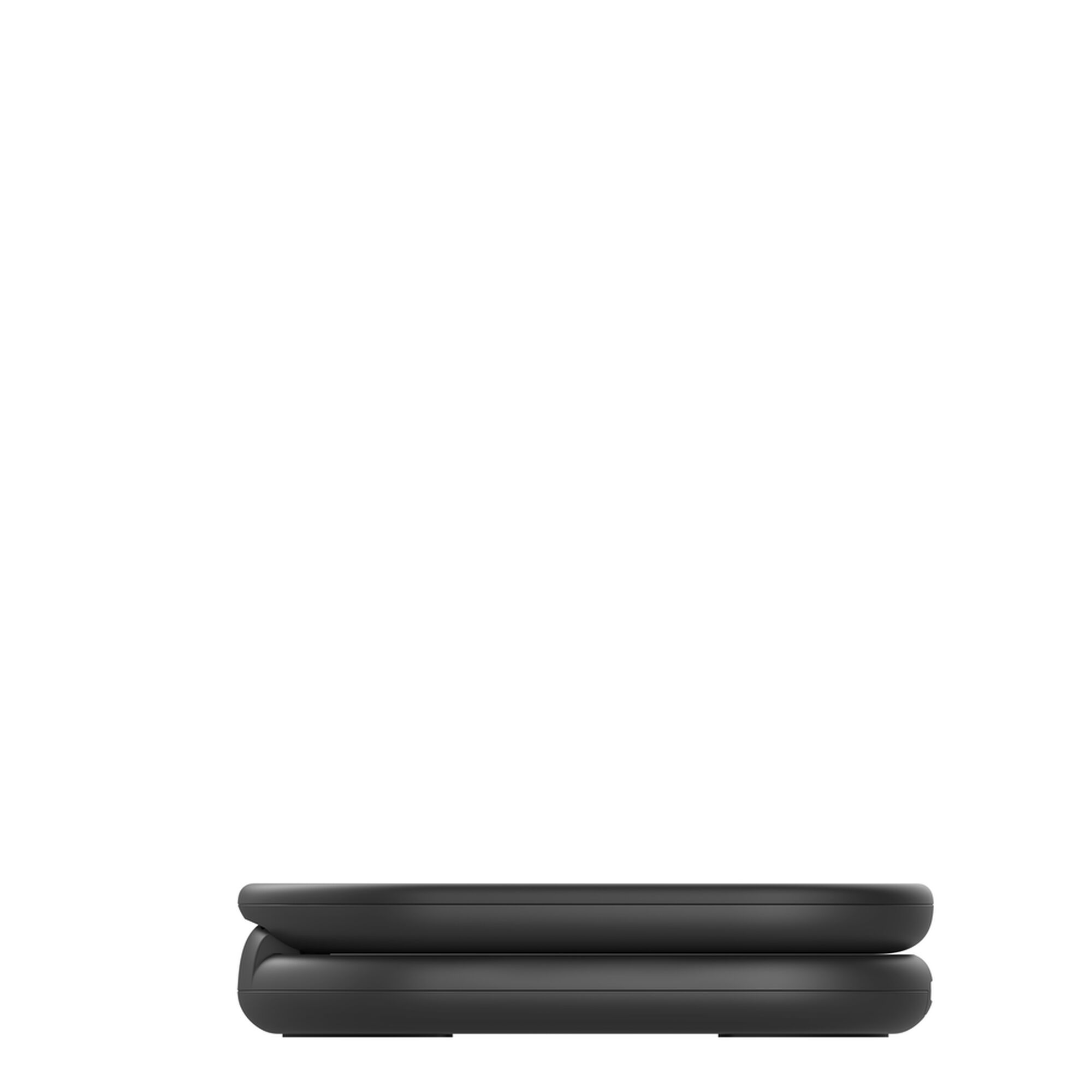 Black Belkin BoostCharge Qi2 15W magnetic foldable wireless charging stand holding an iPhone upright. — view 15