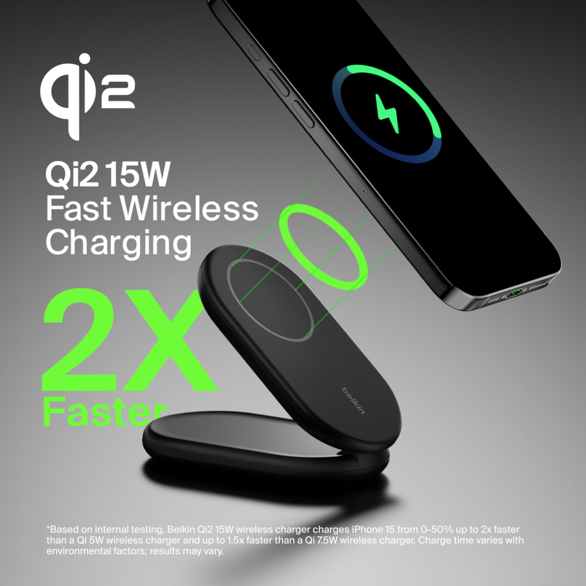 Black Belkin BoostCharge Qi2 15W magnetic foldable wireless charging stand holding an iPhone upright. — view 2