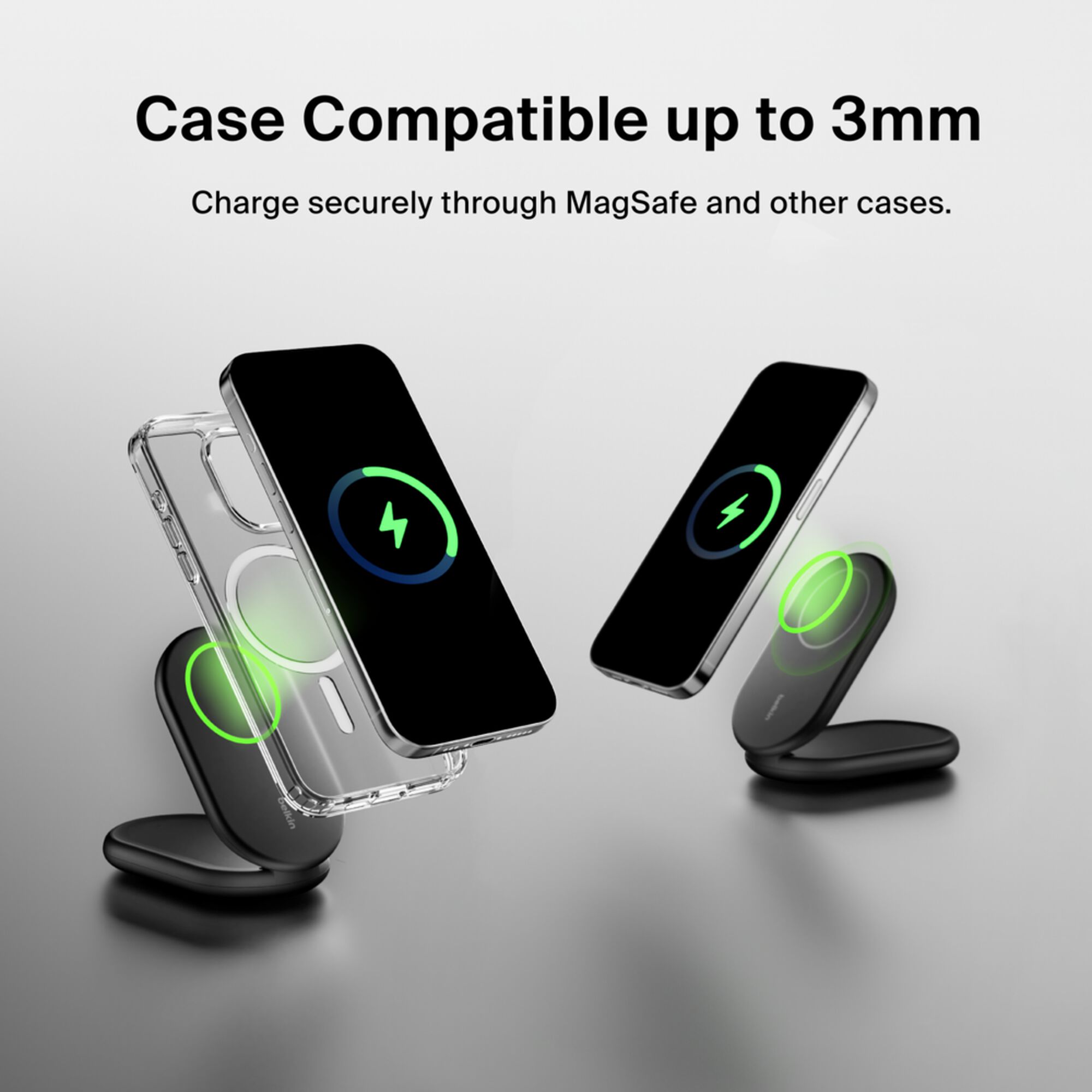Black Belkin BoostCharge Qi2 15W magnetic foldable wireless charging stand holding an iPhone upright. — view 6
