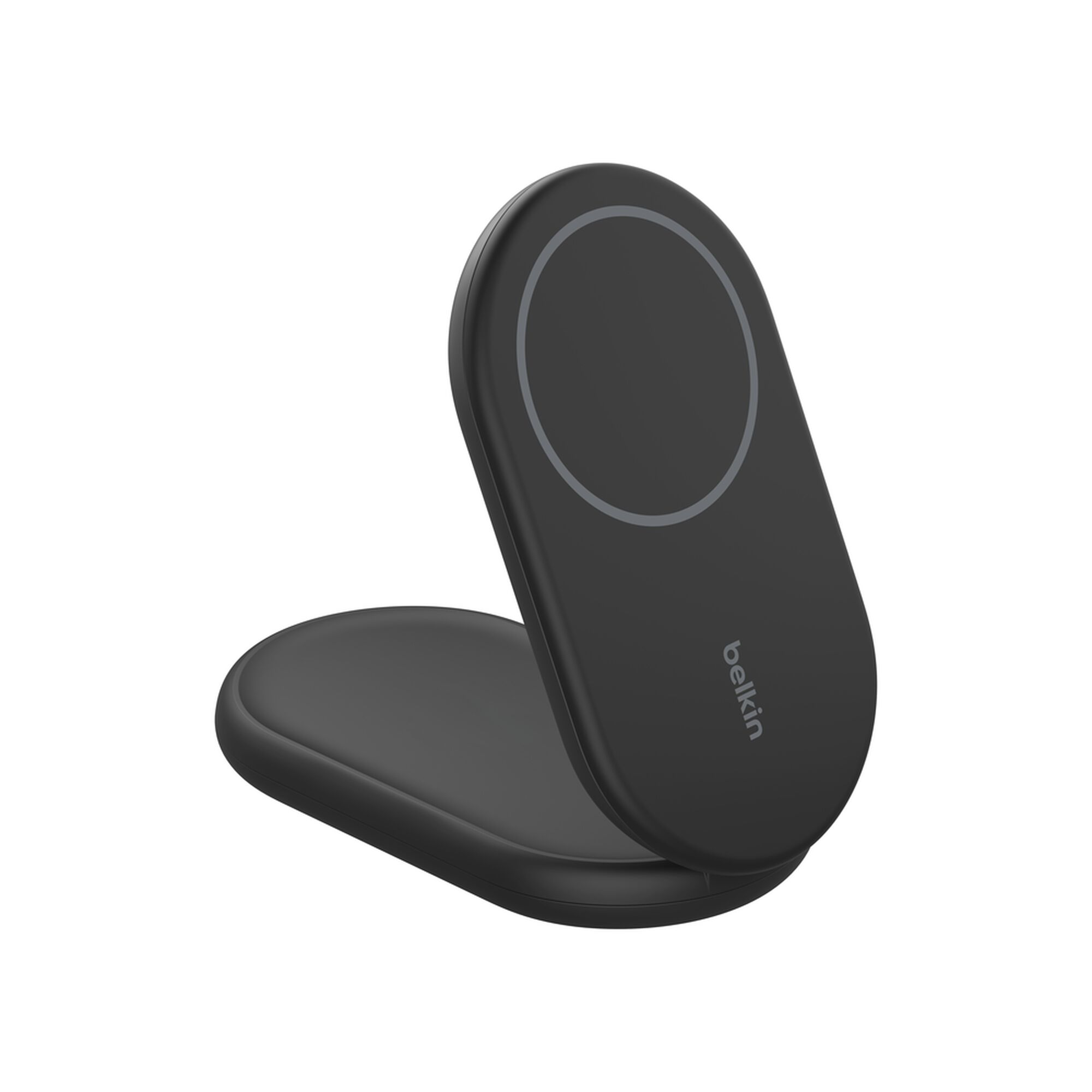 Black Belkin BoostCharge Qi2 15W magnetic foldable wireless charging stand holding an iPhone upright. — view 13