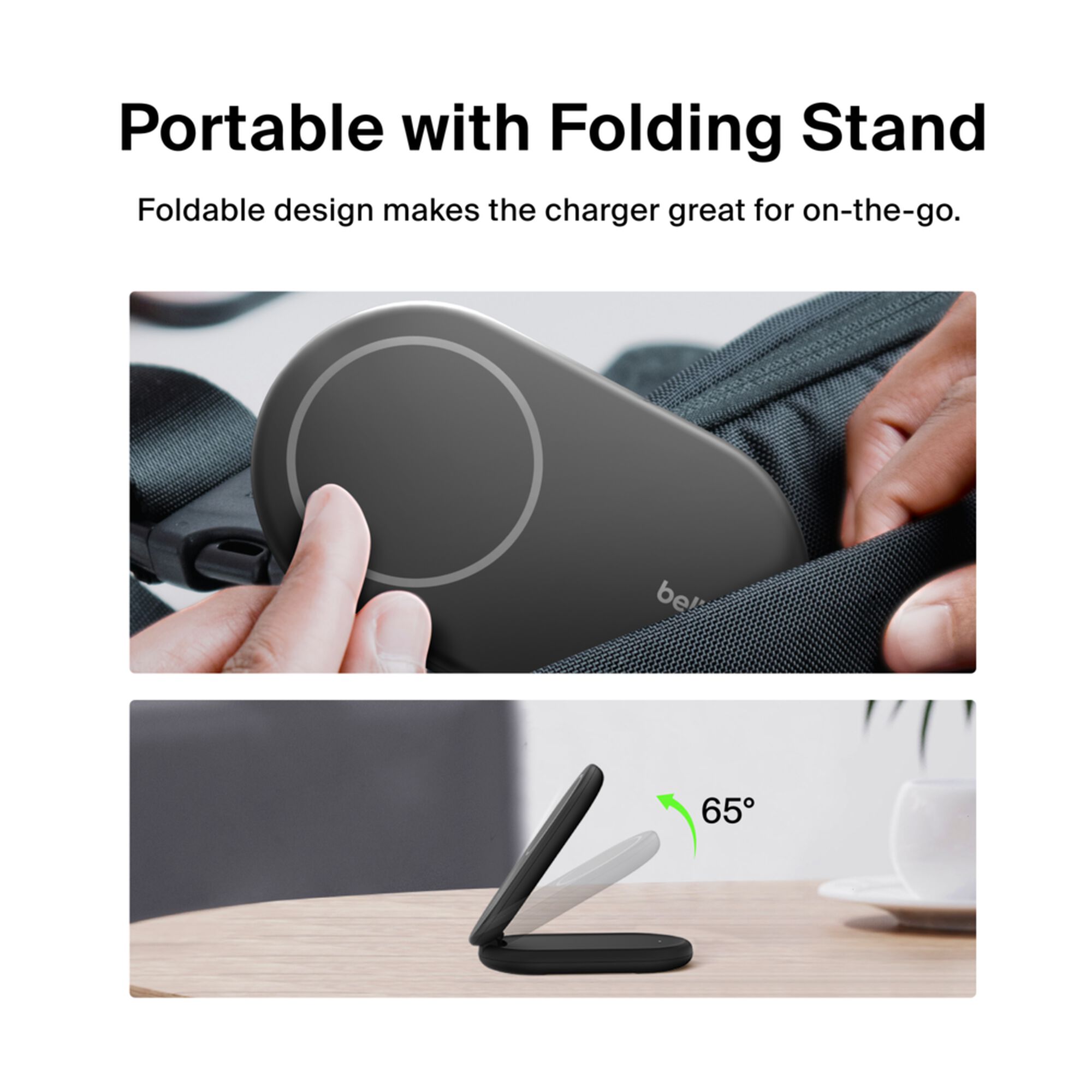 Black Belkin BoostCharge Qi2 15W magnetic foldable wireless charging stand holding an iPhone upright. — view 3