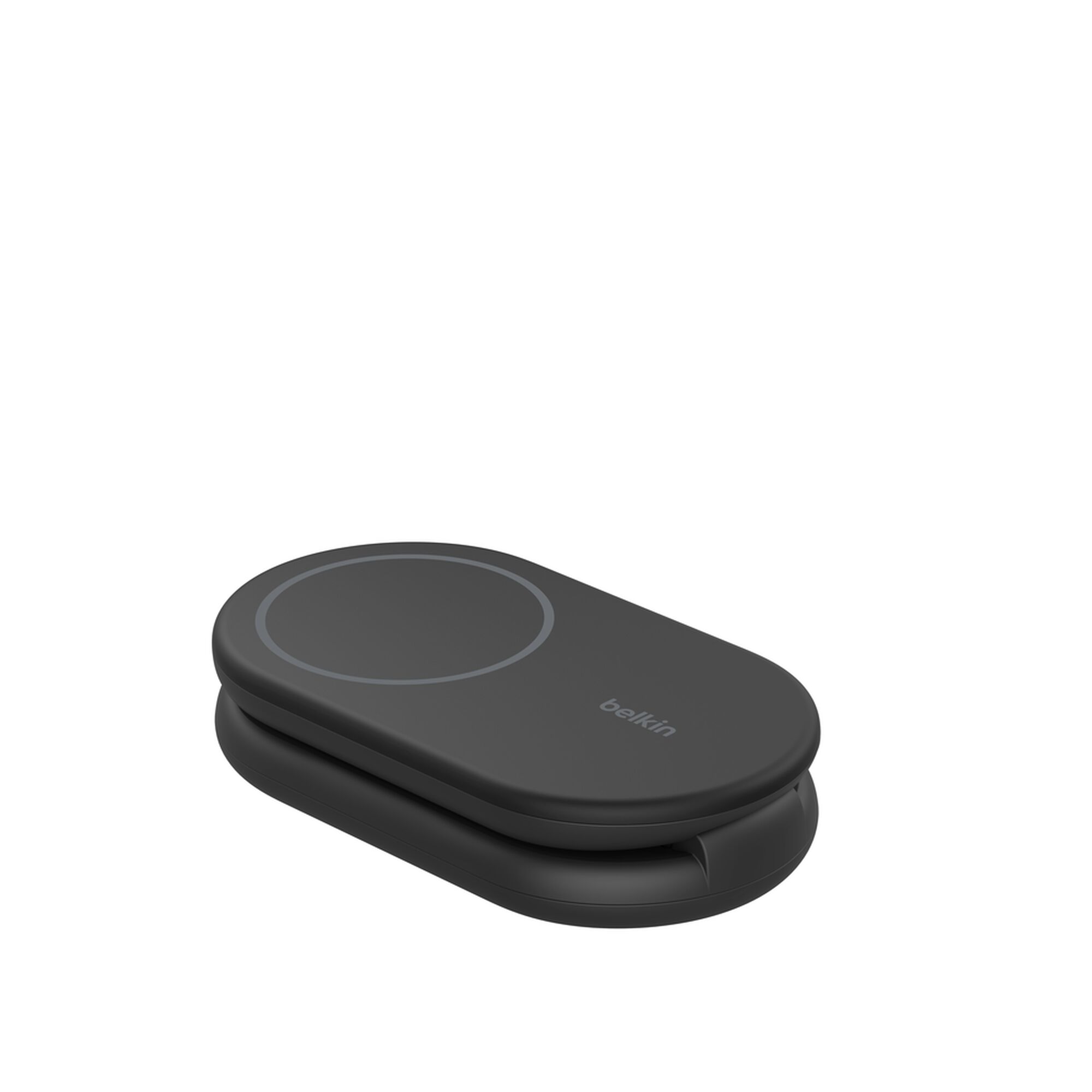 Black Belkin BoostCharge Qi2 15W magnetic foldable wireless charging stand holding an iPhone upright. — view 14