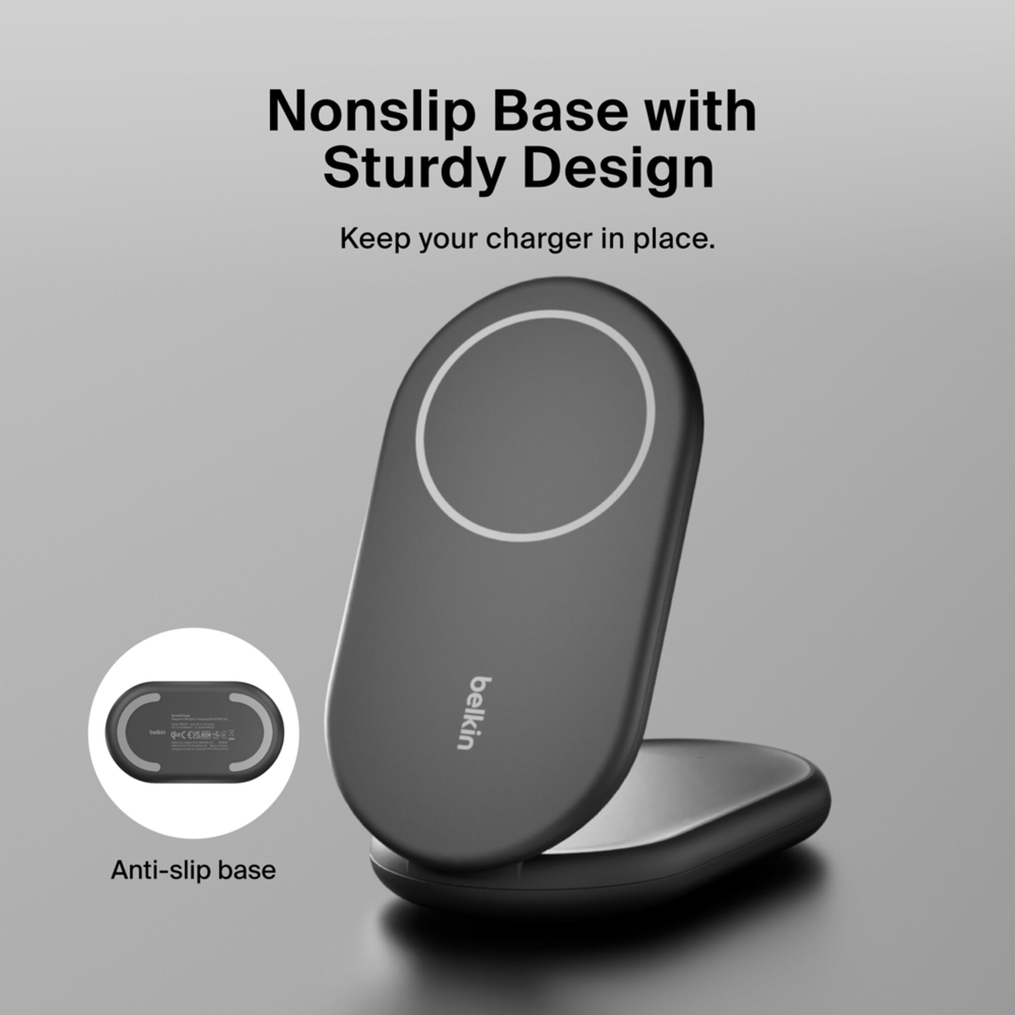 Black Belkin BoostCharge Qi2 15W magnetic foldable wireless charging stand holding an iPhone upright. — view 4