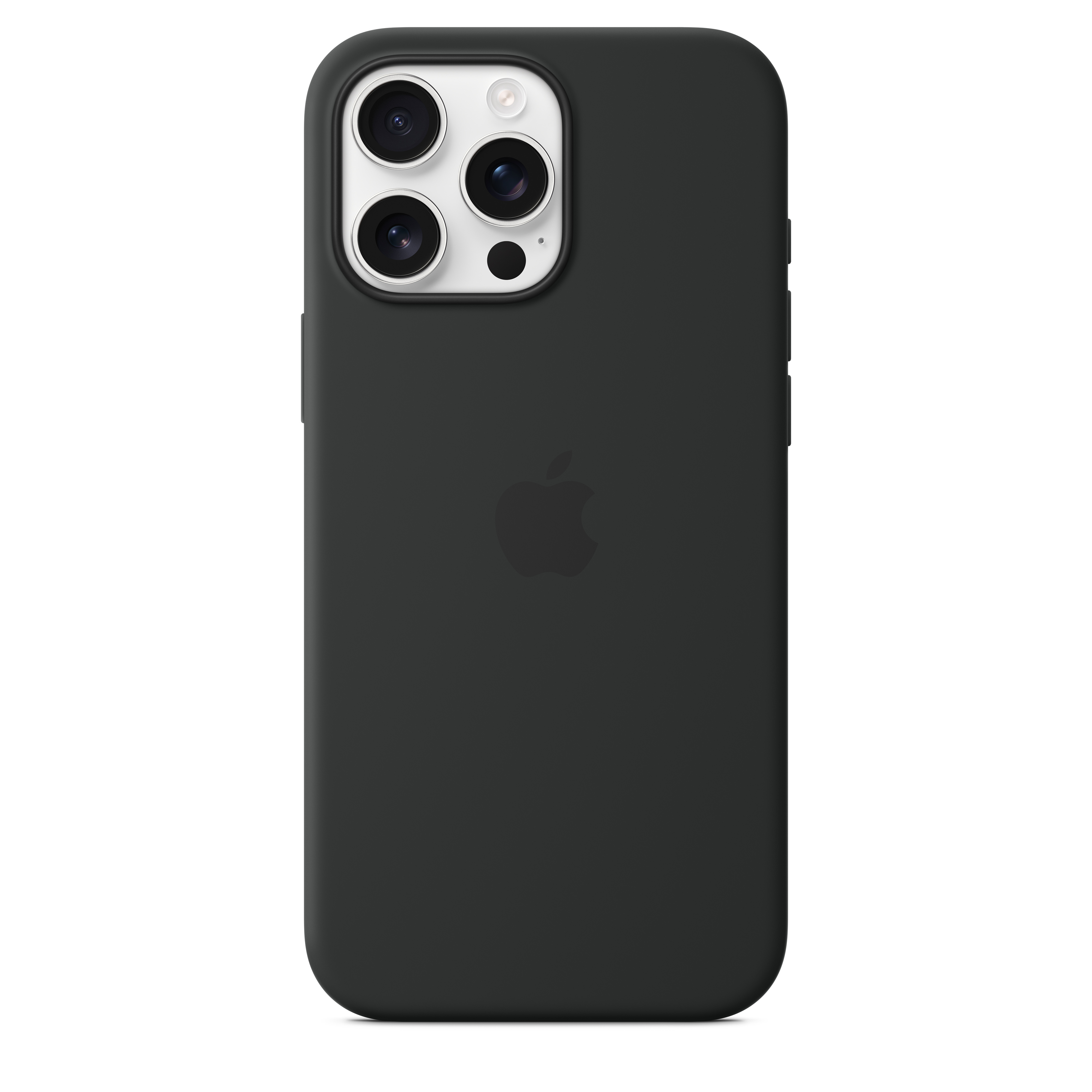 Black Apple Silicone Case with MagSafe fitted to an iPhone 16 Pro Max, showing the soft-touch back and camera cutout. — view 4