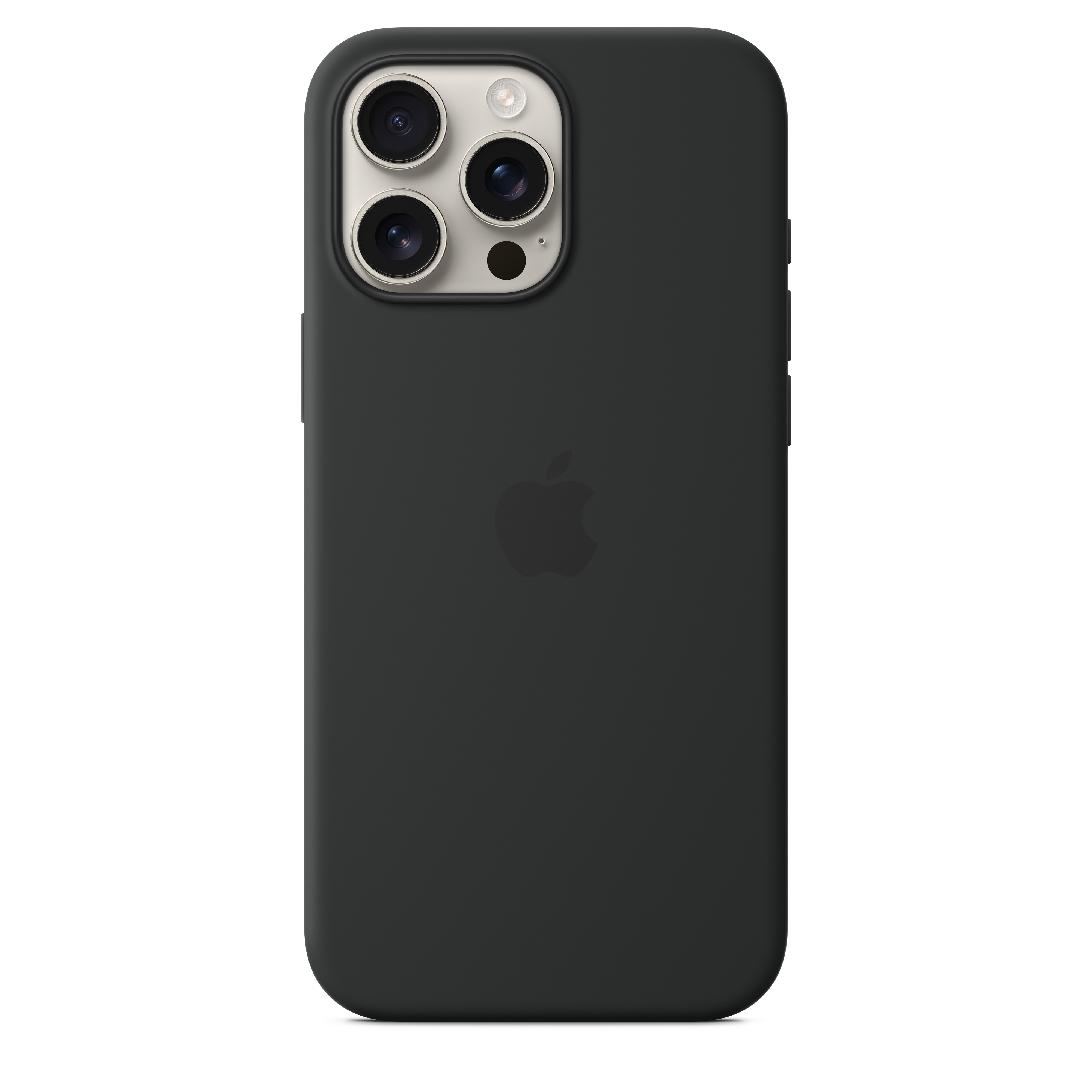 Black Apple Silicone Case with MagSafe fitted to an iPhone 16 Pro Max, showing the soft-touch back and camera cutout. — view 3