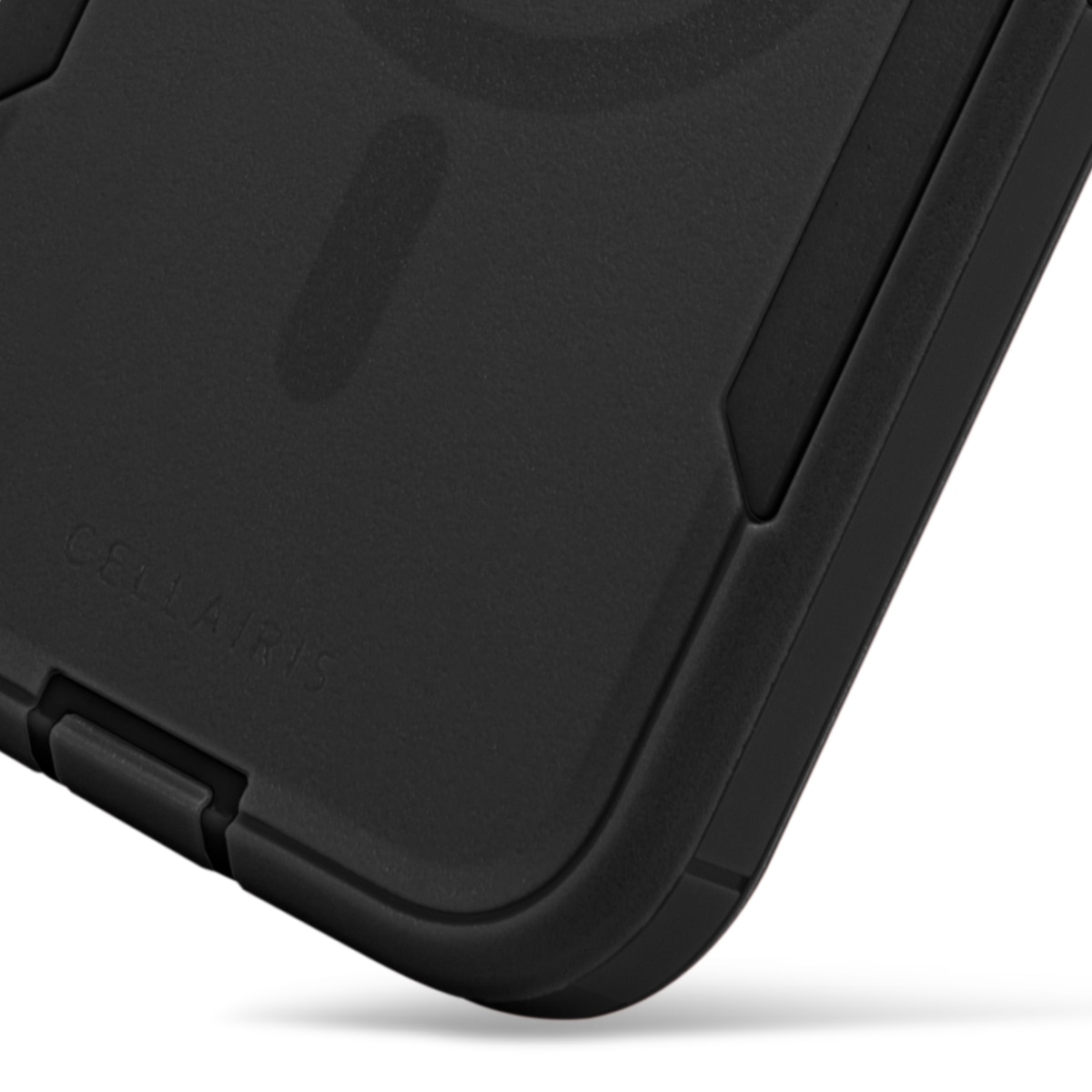 Black Cellairis Rapture Rugged MagSafe case on an Apple iPhone 15 Pro with raised camera bezel. — view 3