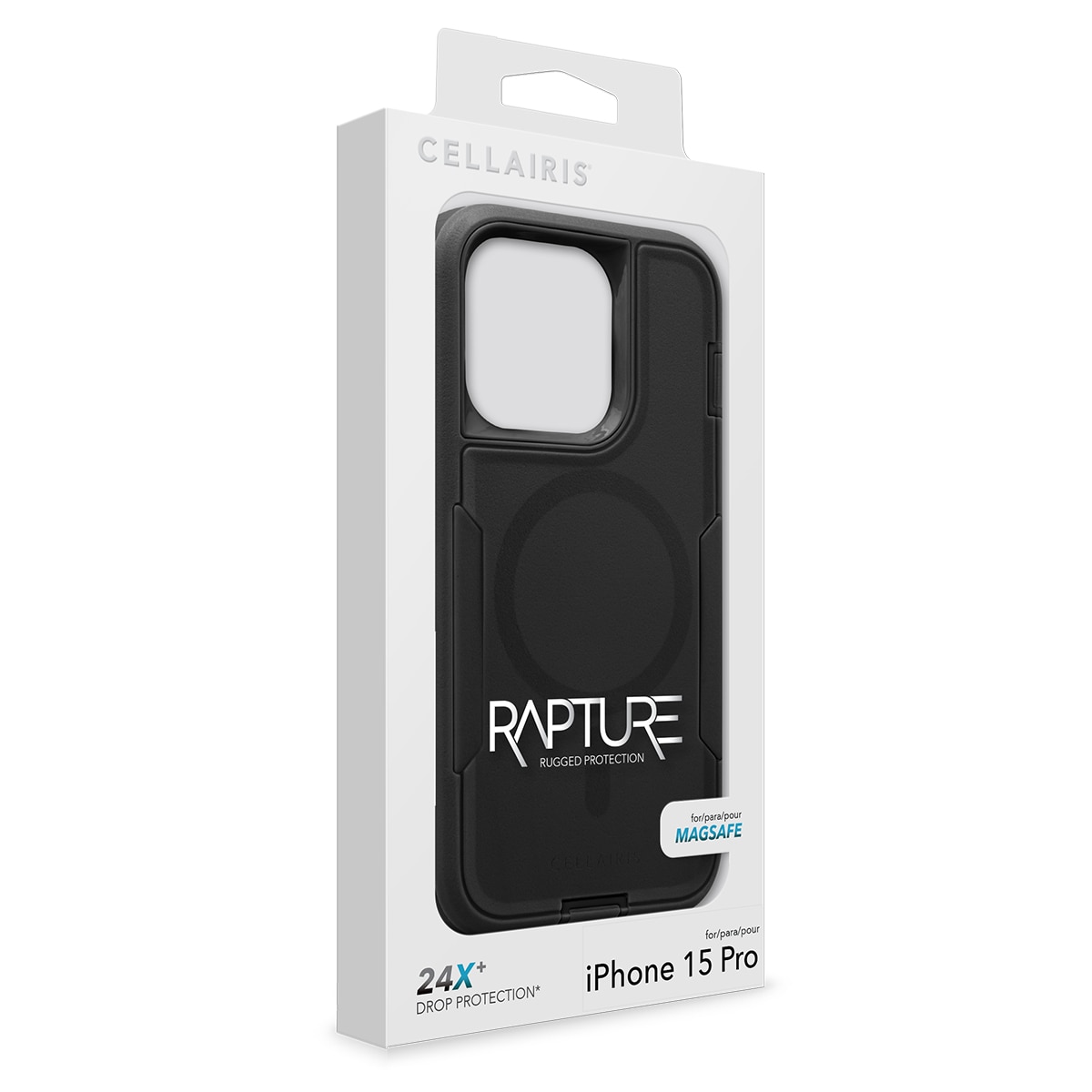 Black Cellairis Rapture Rugged MagSafe case on an Apple iPhone 15 Pro with raised camera bezel. — view 5