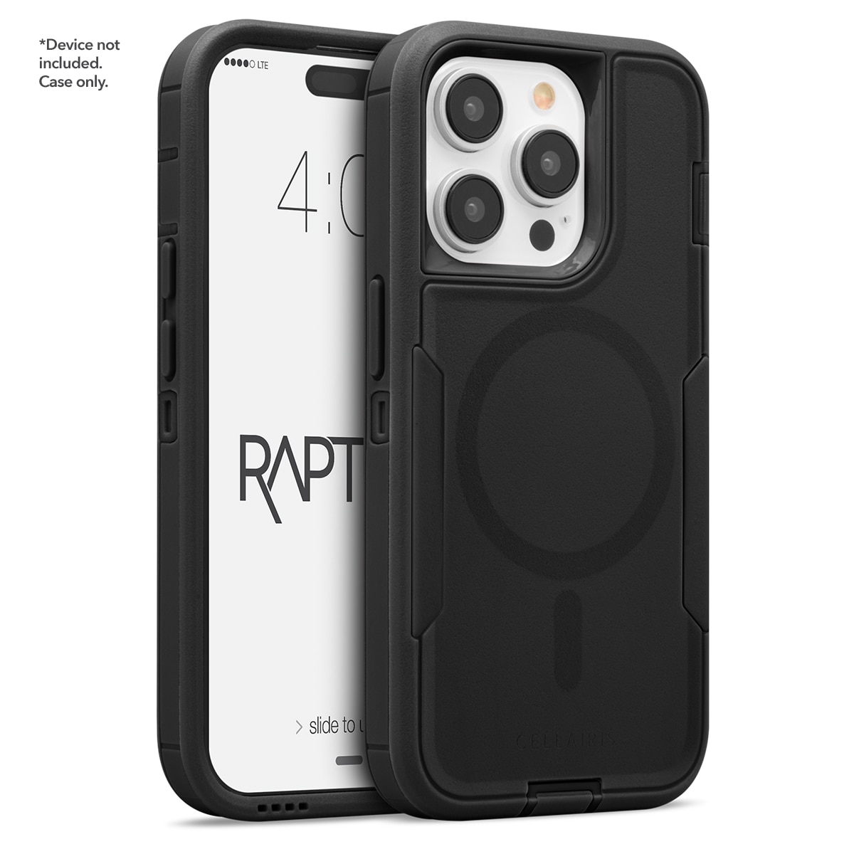Black Cellairis Rapture Rugged MagSafe case on an Apple iPhone 15 Pro with raised camera bezel. — view 2