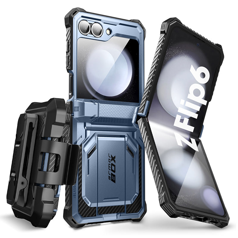 i-Blason Armorbox Case with Belt Clip Holster for Samsung Galaxy Z Flip6 and Z Flip5 - Metallic Blue