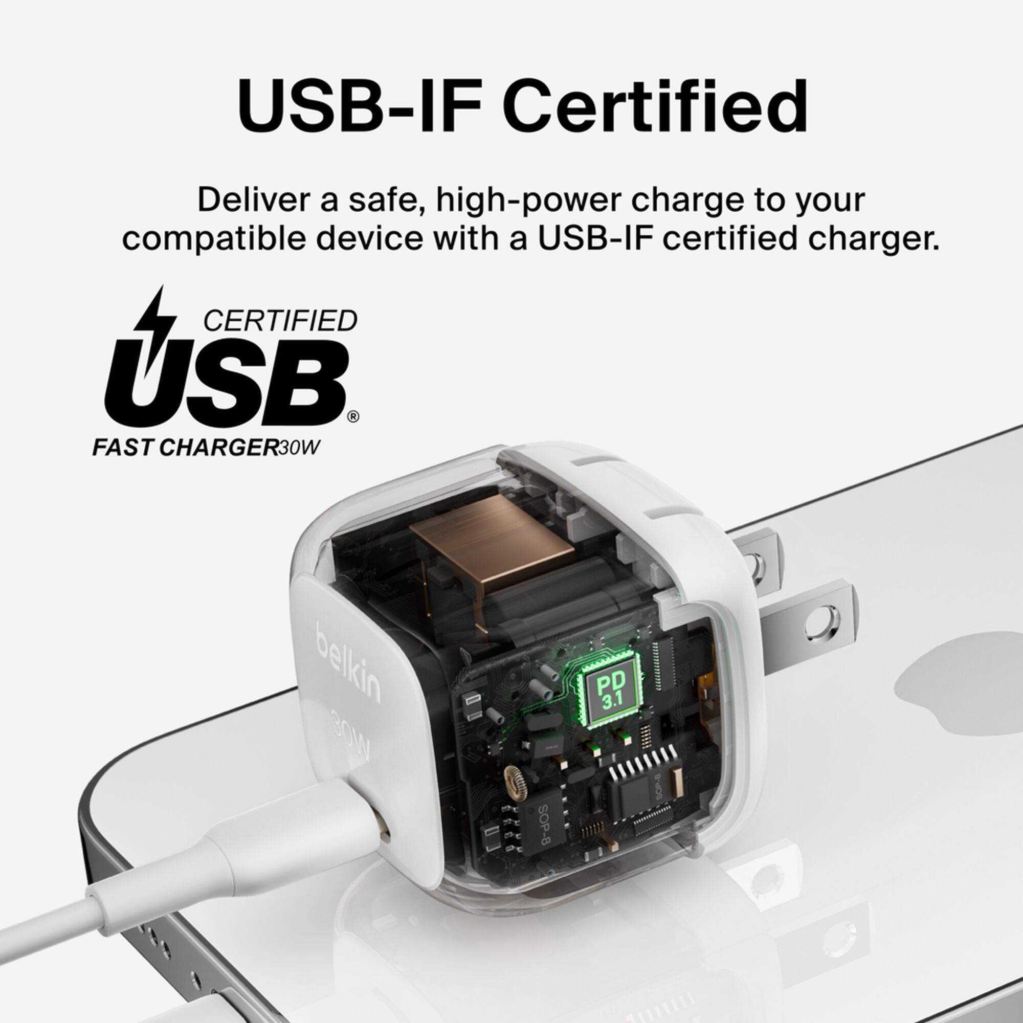 White Belkin BoostCharge compact 30W USB-C cube wall charger with a USB-C to USB-C cable. — view 5