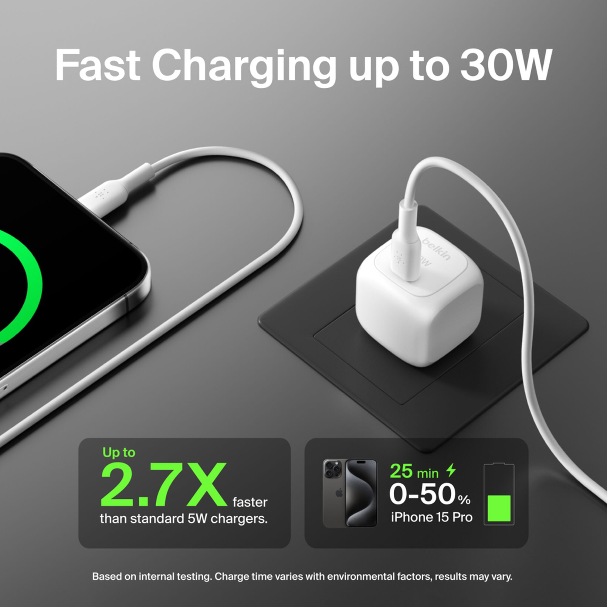 White Belkin BoostCharge compact 30W USB-C cube wall charger with a USB-C to USB-C cable. — view 2