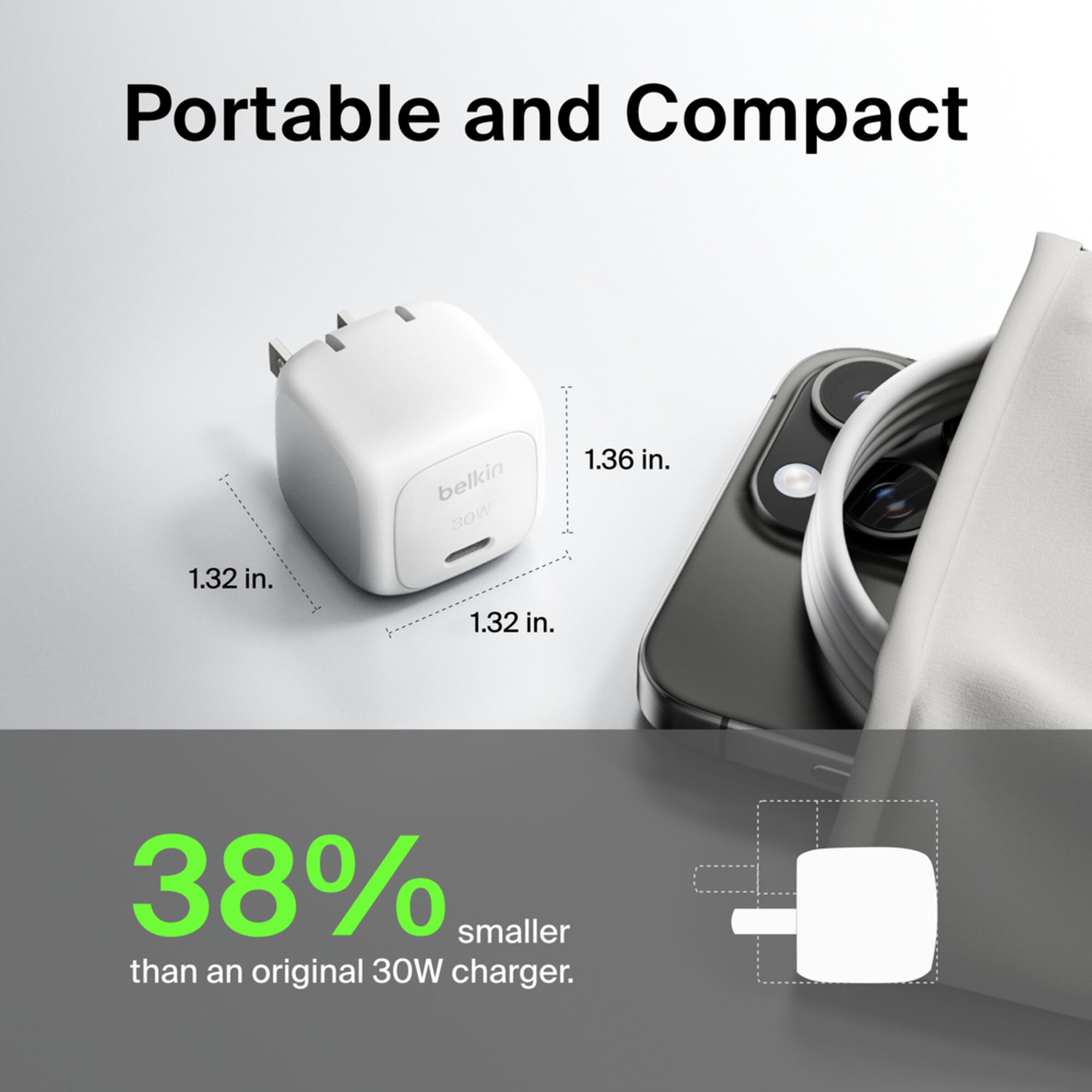 White Belkin BoostCharge compact 30W USB-C cube wall charger with a USB-C to USB-C cable. — view 3