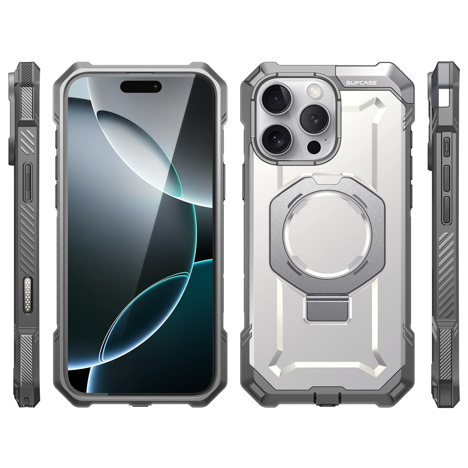 White SUPCASE UB Grip case on an iPhone 16 Pro Max with its aluminum kickstand extended. — view 4