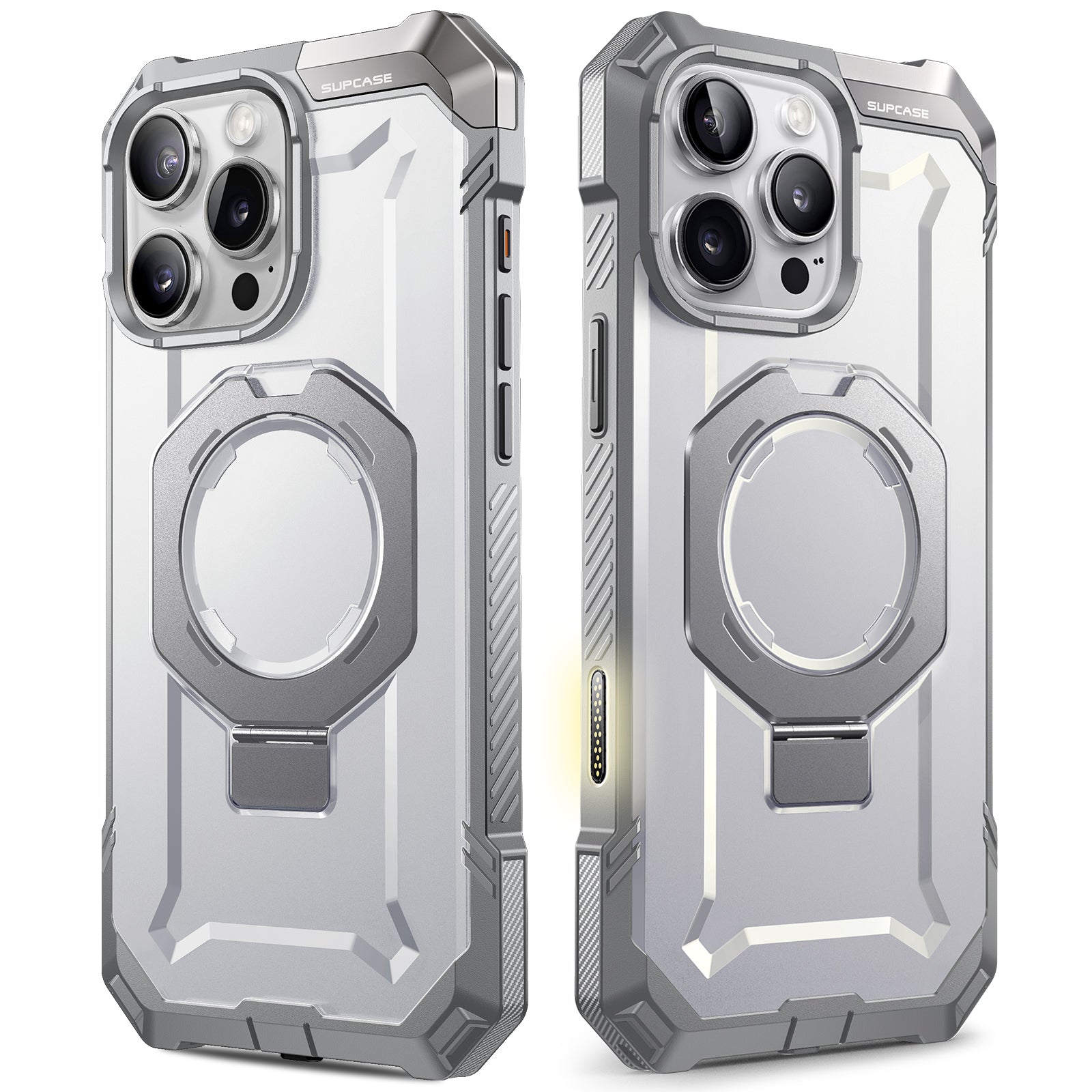 White SUPCASE UB Grip case on an iPhone 16 Pro Max with its aluminum kickstand extended. — view 3