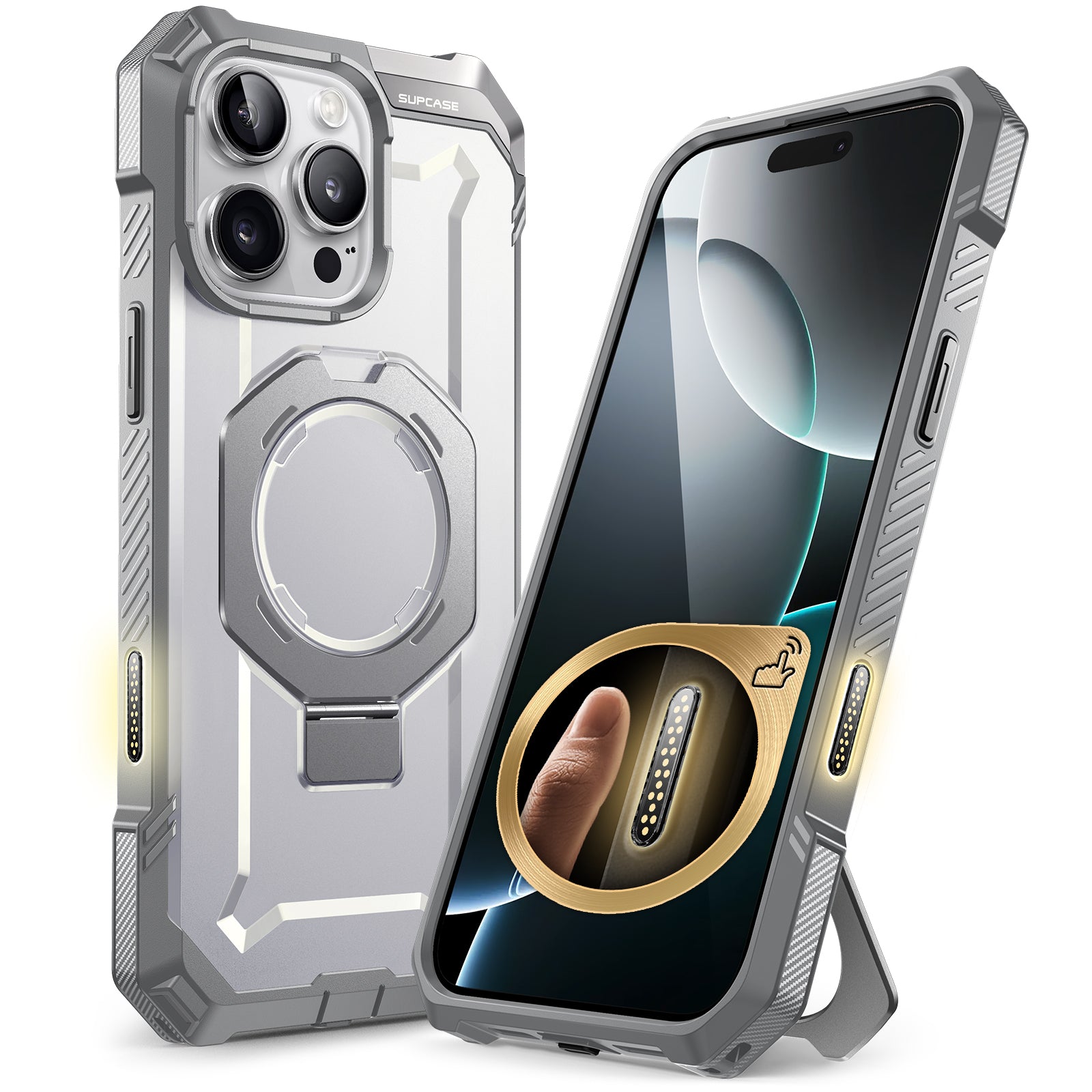 White SUPCASE UB Grip case on an iPhone 16 Pro Max with its aluminum kickstand extended. — view 2