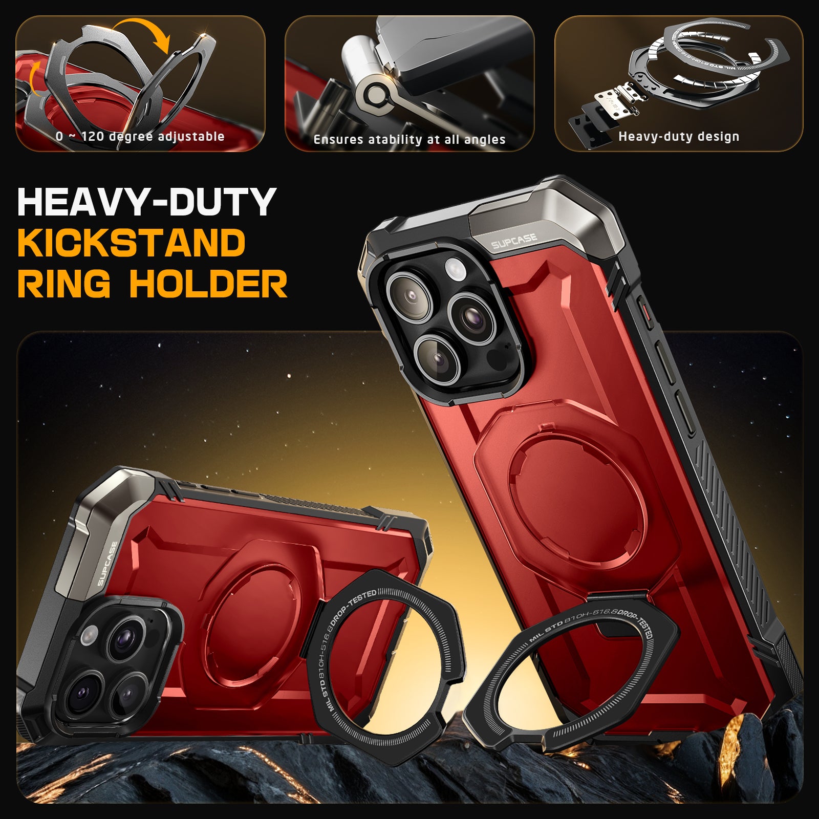 Metallic Red SUPCASE UB Grip case with aluminum kickstand and Camera Control button on an iPhone 16 Pro Max. — view 8