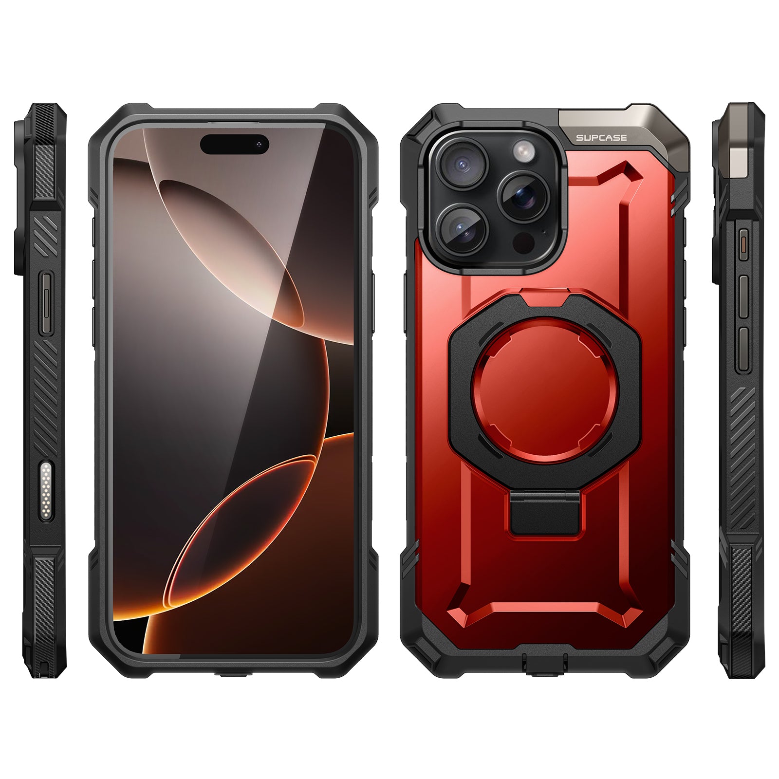 Metallic Red SUPCASE UB Grip case with aluminum kickstand and Camera Control button on an iPhone 16 Pro Max. — view 4