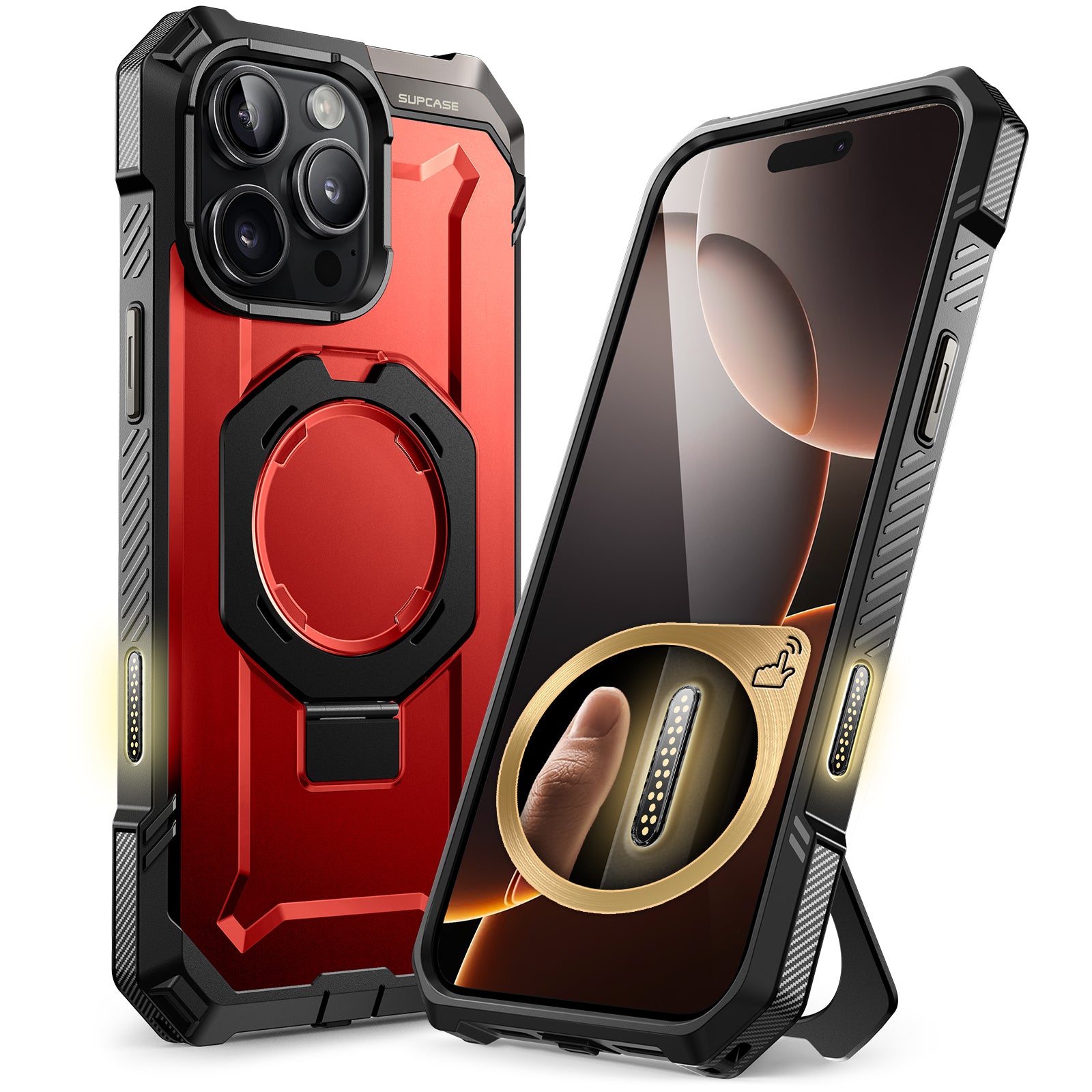 Metallic Red SUPCASE UB Grip case with aluminum kickstand and Camera Control button on an iPhone 16 Pro Max. — view 2