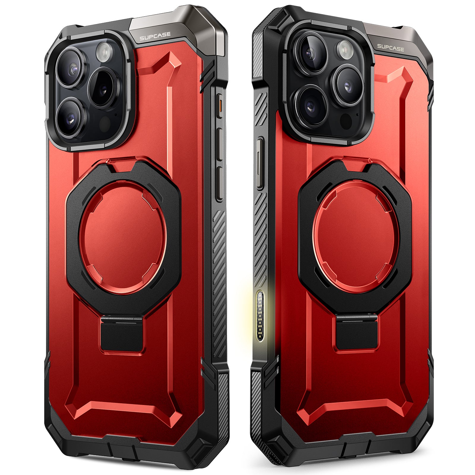 Metallic Red SUPCASE UB Grip case with aluminum kickstand and Camera Control button on an iPhone 16 Pro Max. — view 3