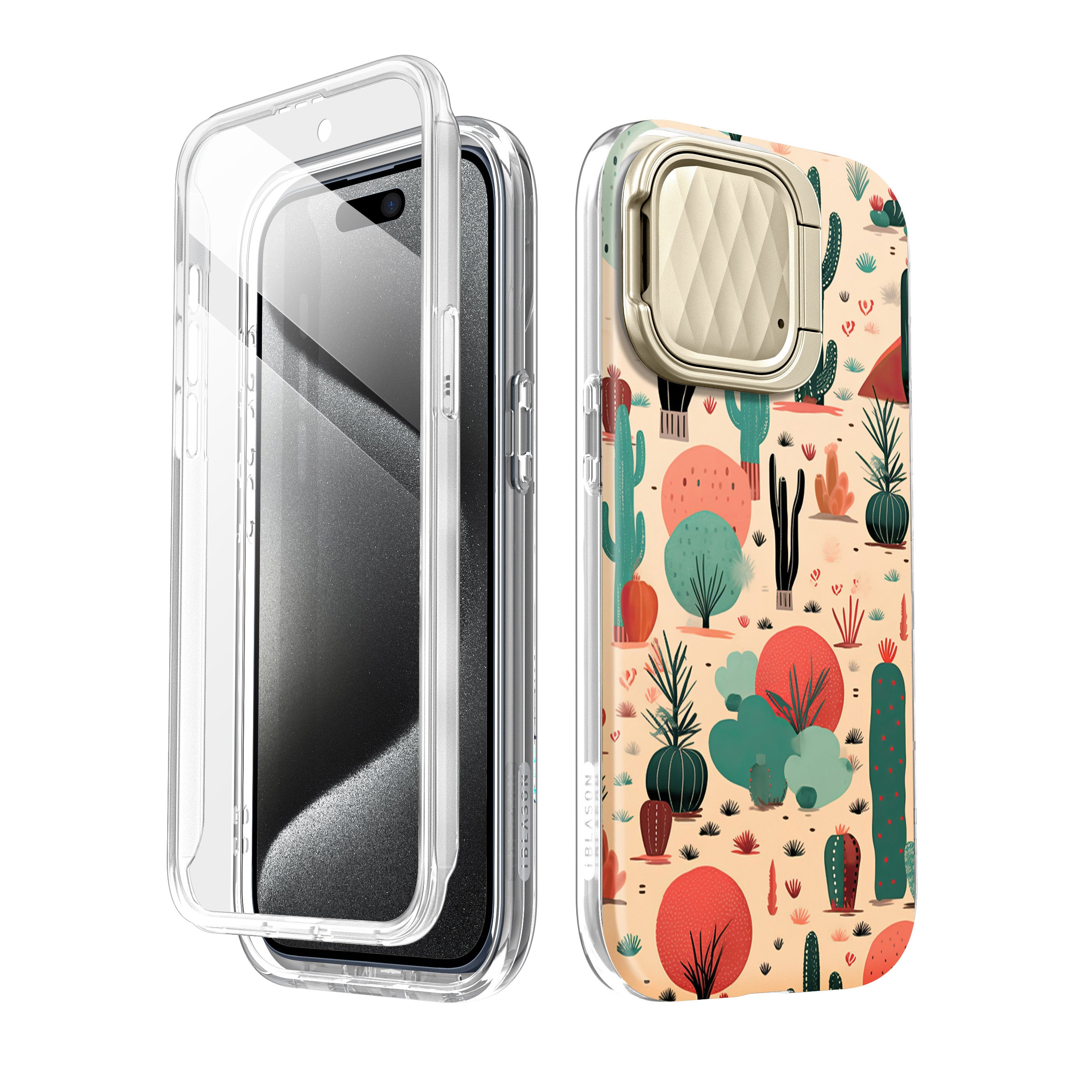 i-Blason Cosmo Mag case in the Desert pattern on an iPhone 15 Pro Max, with built-in screen protector and camera cover kickstand. — view 2