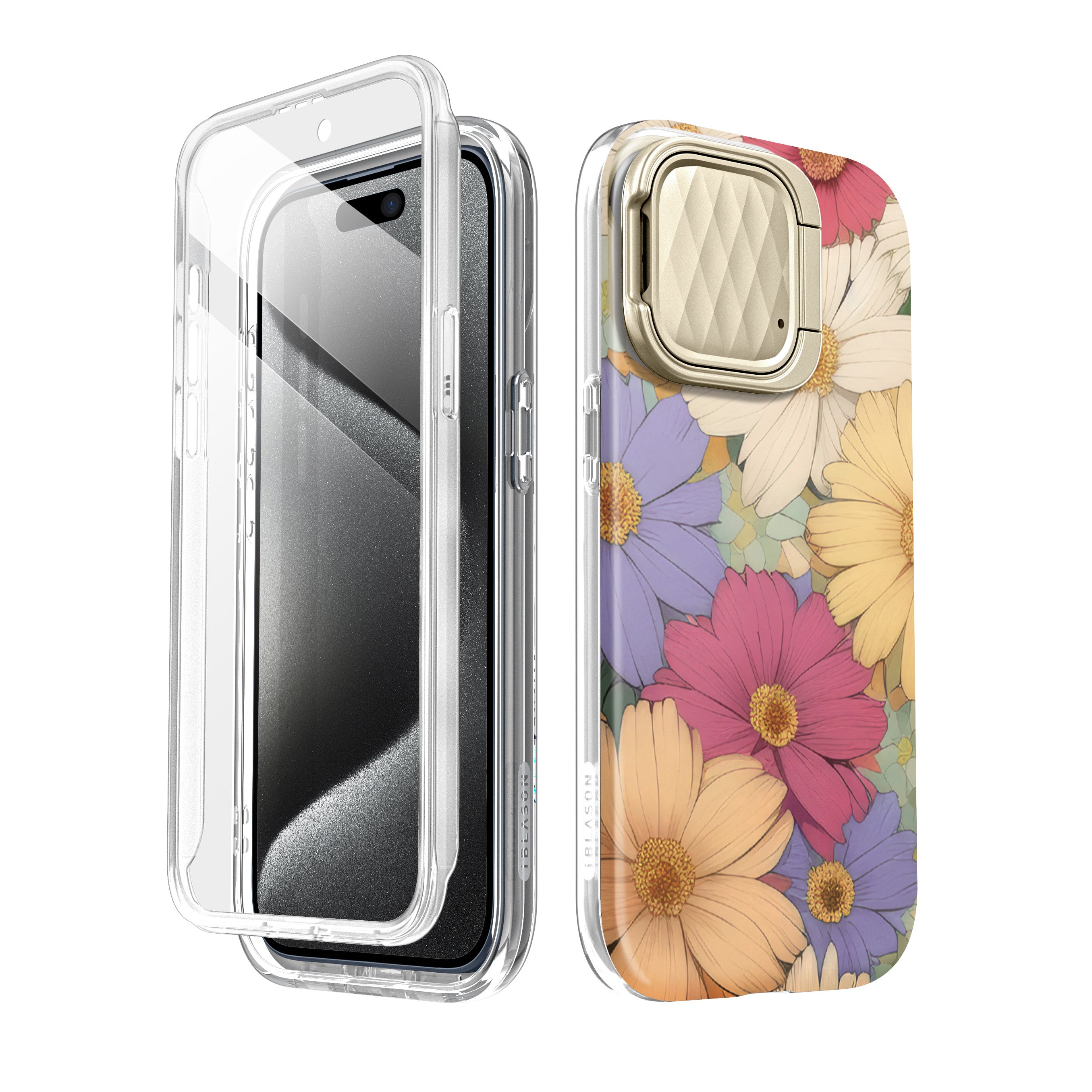 i-Blason Cosmo Mag Bloom case in Belle for the iPhone 15 Pro Max, showing the decorative design and camera cover kickstand. — view 3