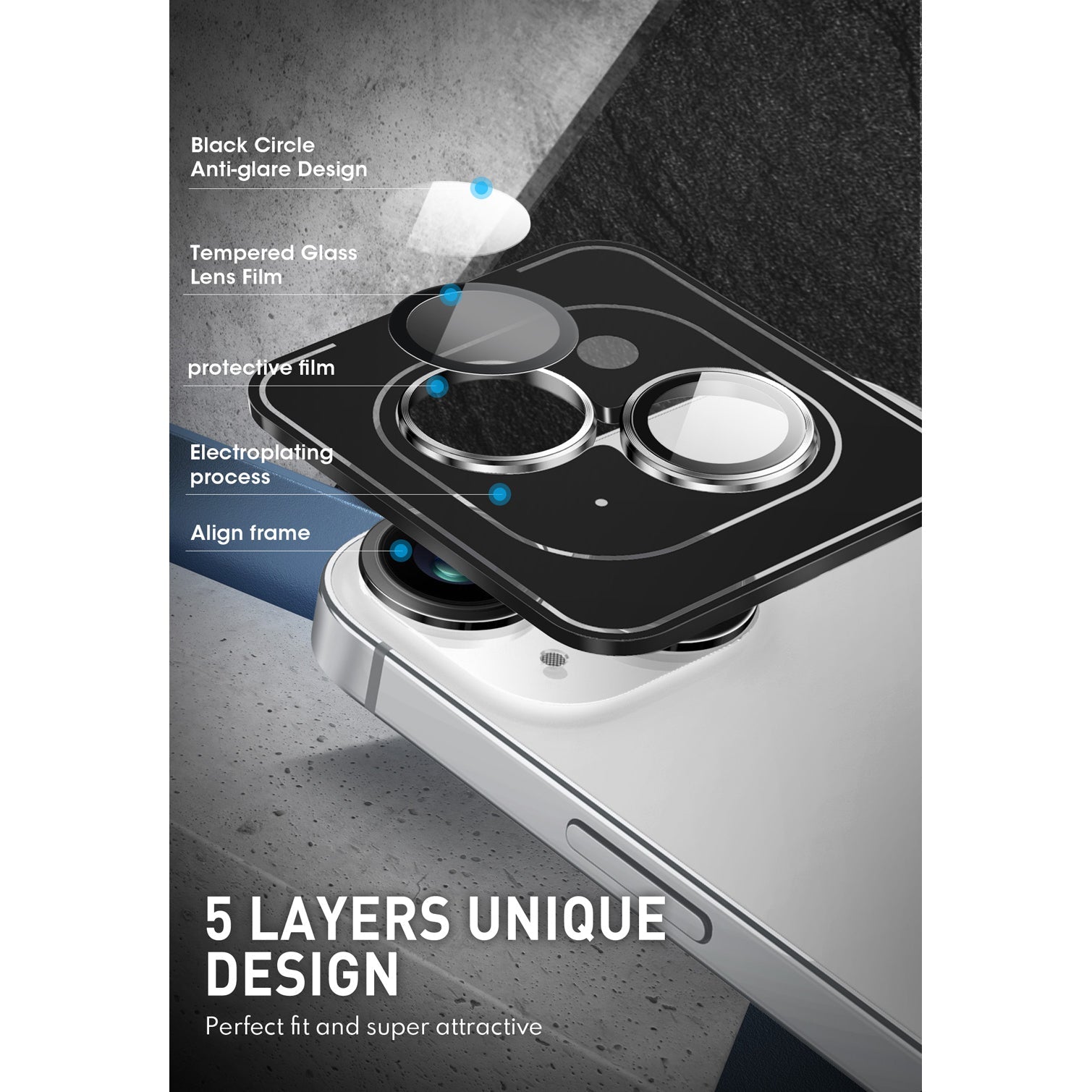 Silver i-Blason tempered glass camera lens protectors shown over the dual rear cameras of an iPhone 15. — view 5