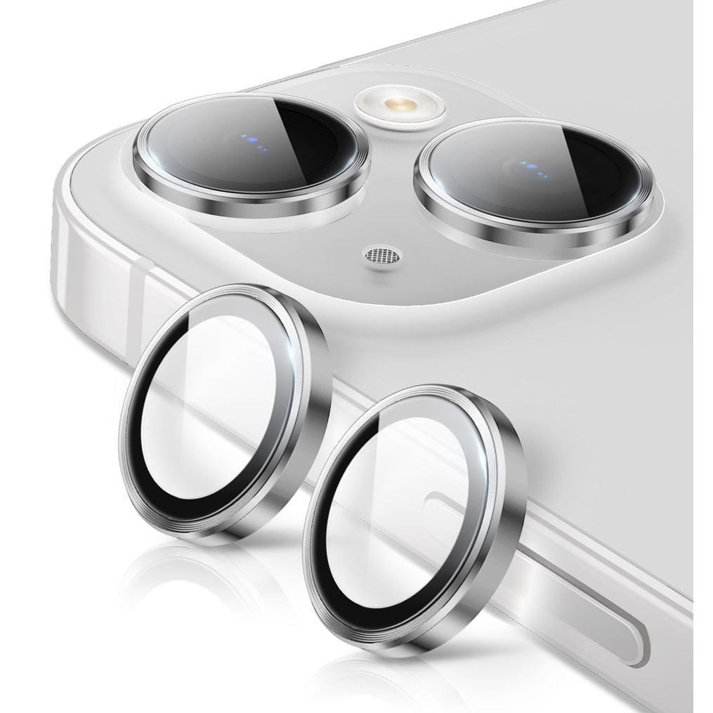 Silver i-Blason tempered glass camera lens protectors shown over the dual rear cameras of an iPhone 15. — view 2