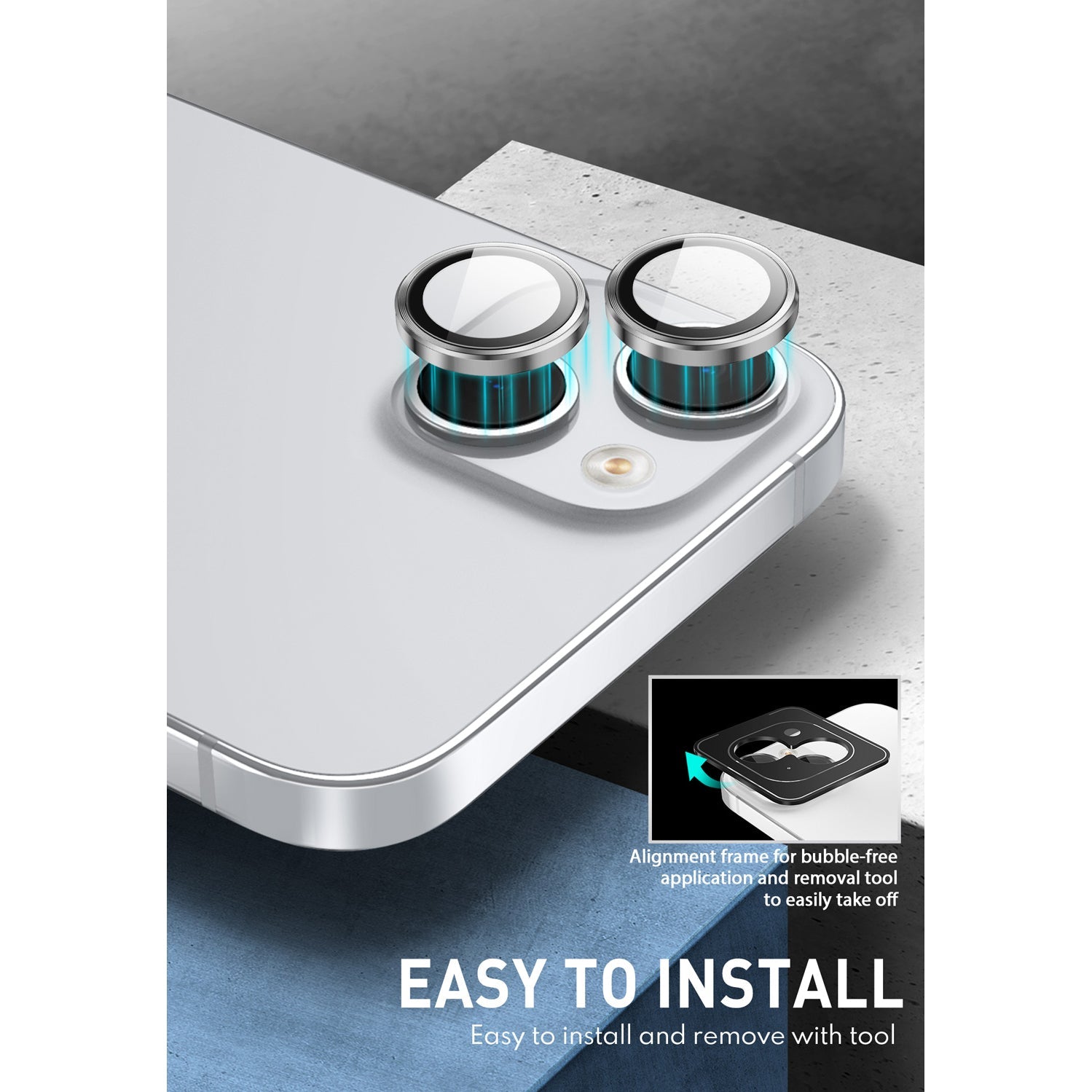 Silver i-Blason tempered glass camera lens protectors shown over the dual rear cameras of an iPhone 15. — view 7