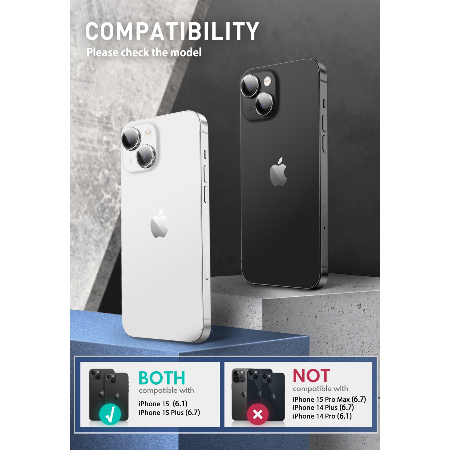 Silver i-Blason tempered glass camera lens protectors shown over the dual rear cameras of an iPhone 15. — view 3
