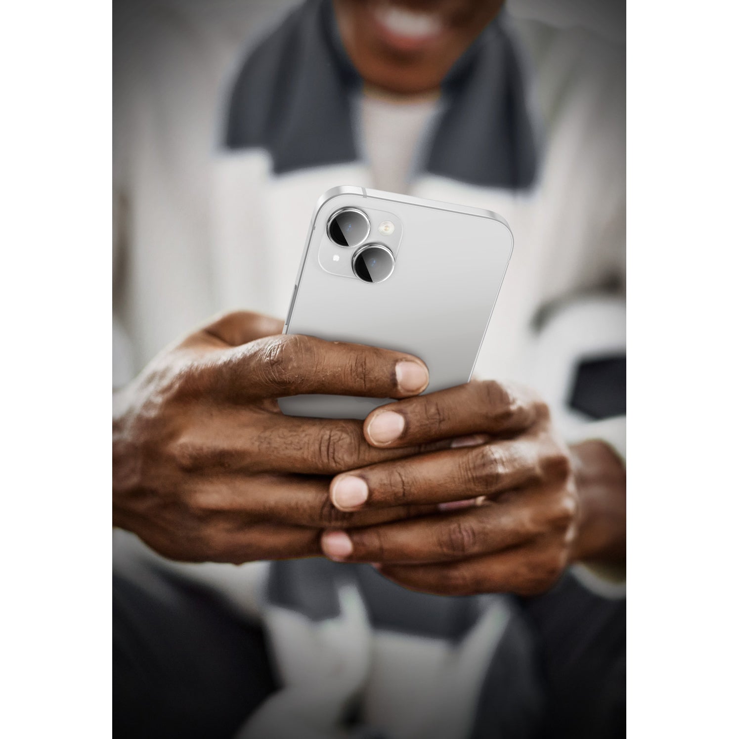 i-Blason silver tempered glass camera lens protectors shown fitted over the rear cameras of an iPhone 15. — view 8
