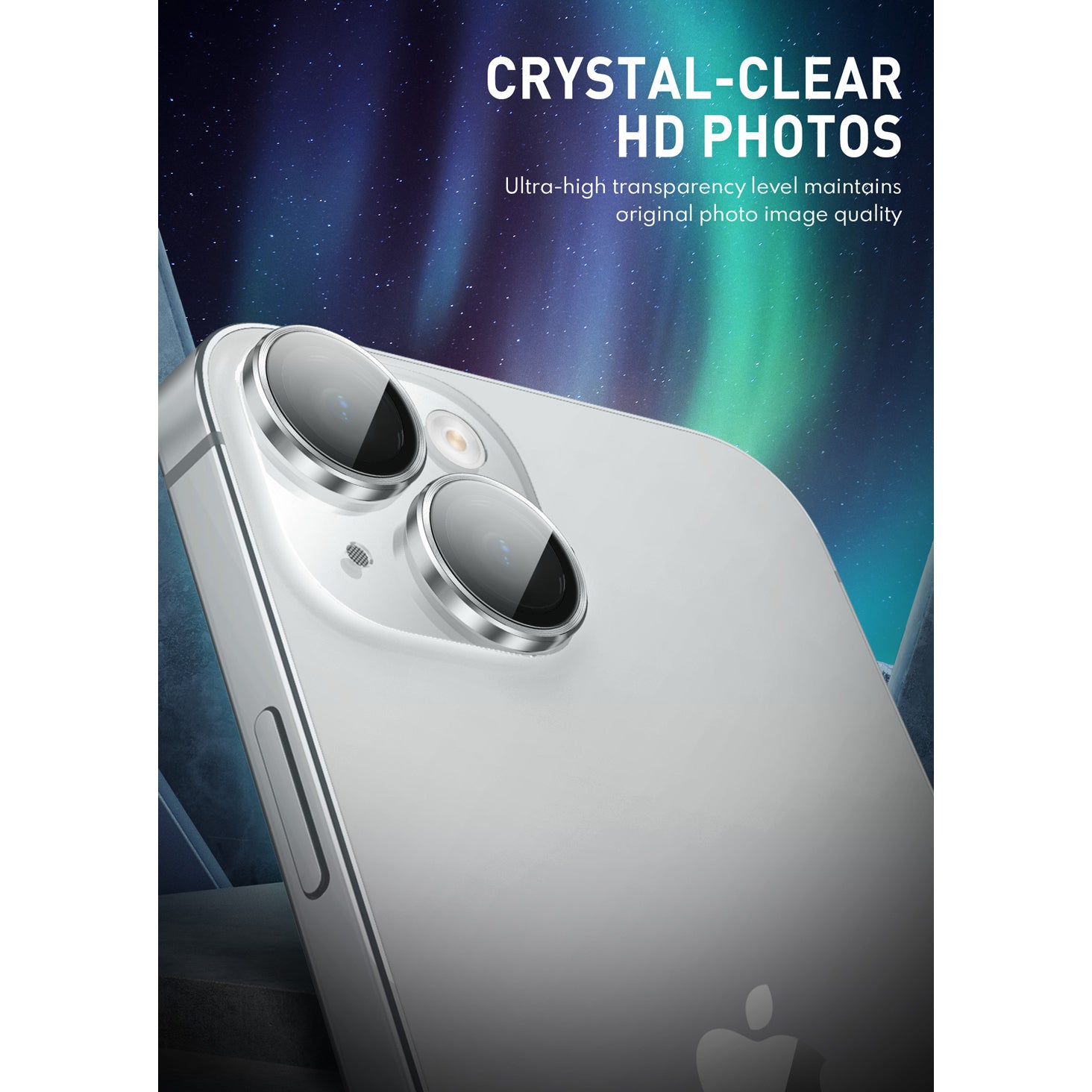 i-Blason silver tempered glass camera lens protectors shown fitted over the rear cameras of an iPhone 15. — view 6