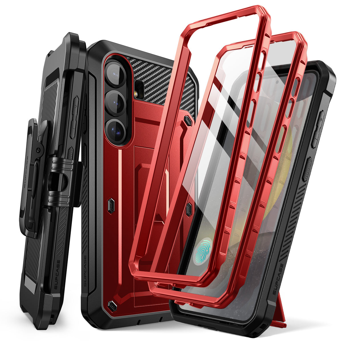 SUPCASE Unicorn Beetle PRO rugged case in Metallic Red on a Samsung Galaxy S25 Plus with kickstand and belt clip holster. — view 2