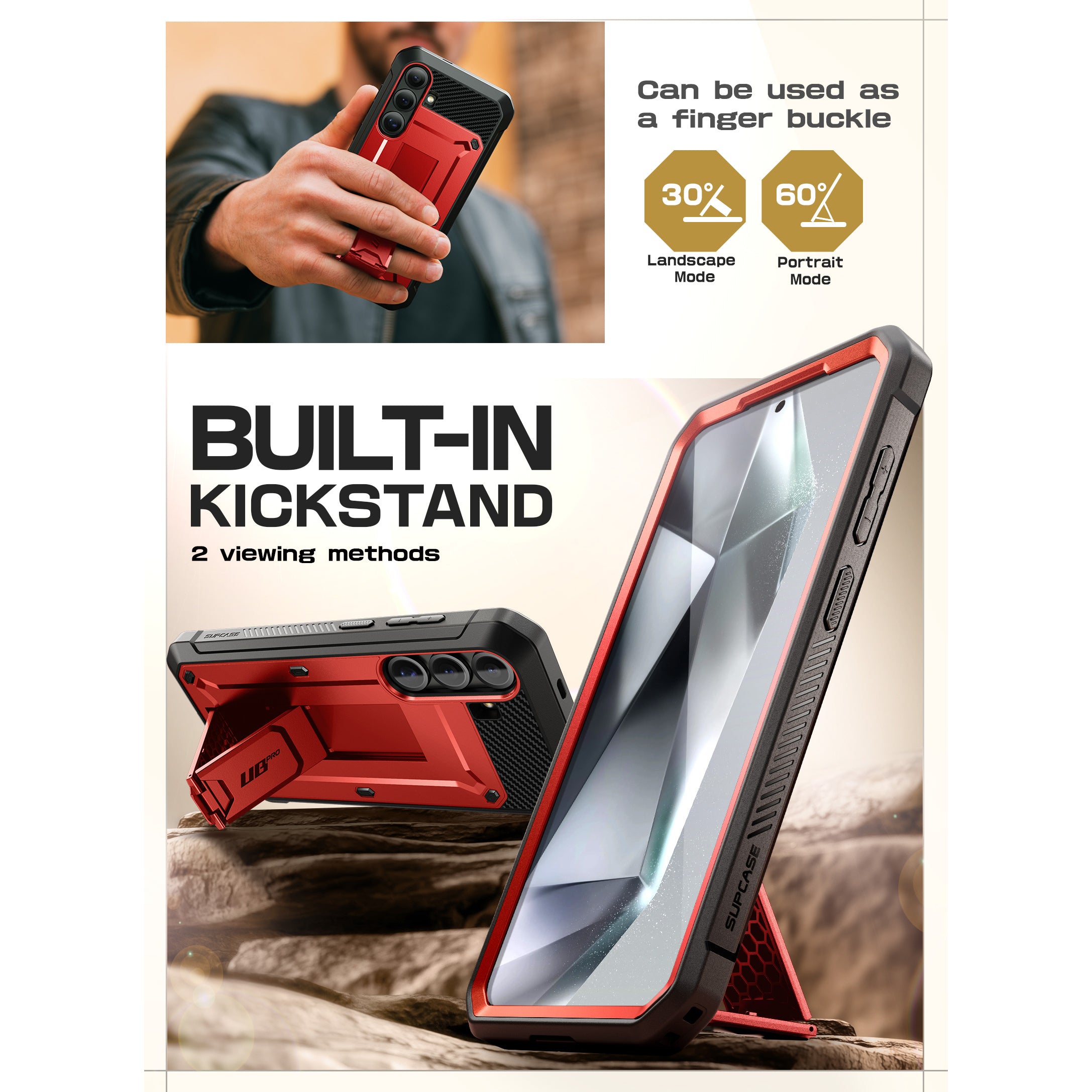 SUPCASE Unicorn Beetle PRO rugged case in Metallic Red on a Samsung Galaxy S25 Plus with kickstand and belt clip holster. — view 4