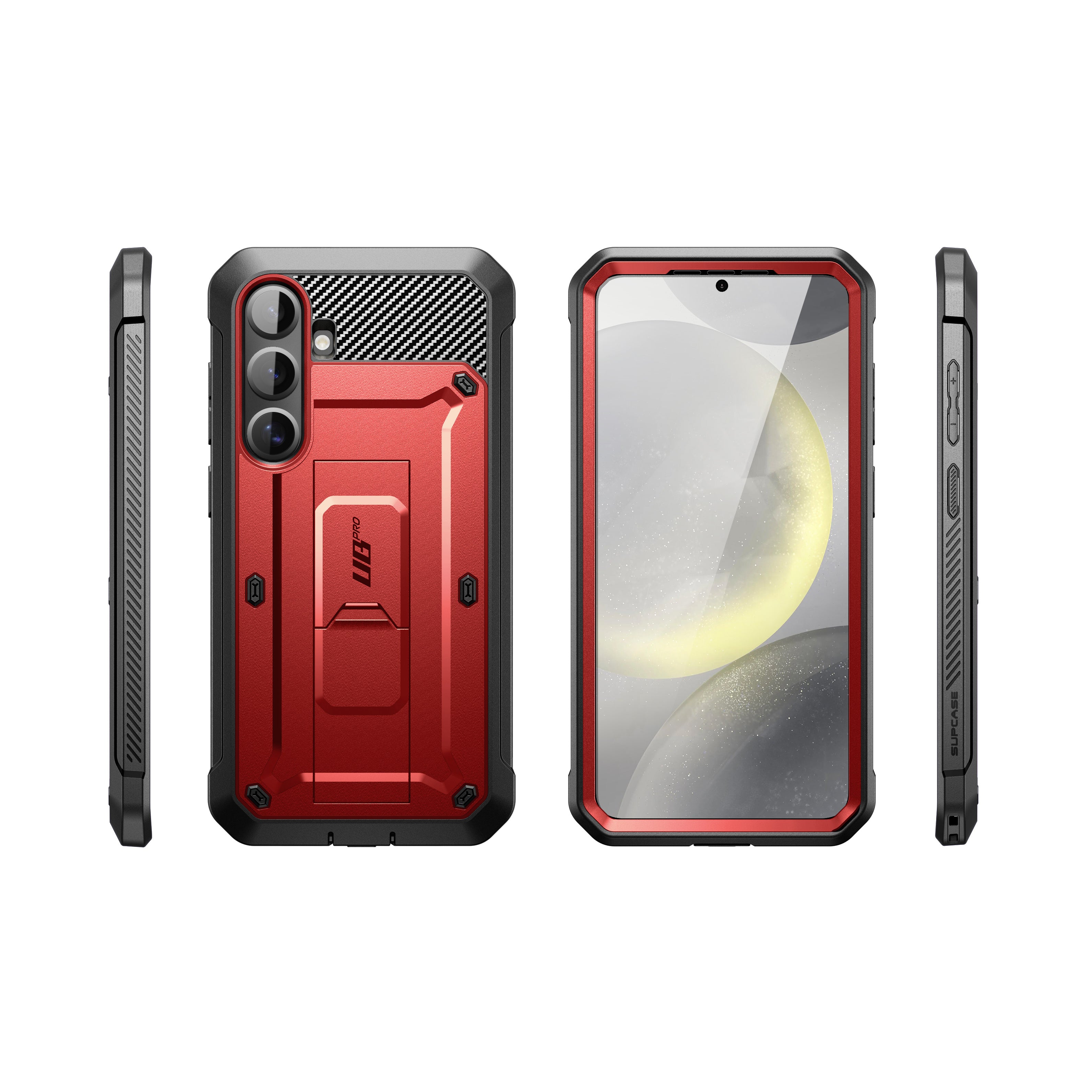 SUPCASE Unicorn Beetle PRO rugged case in Metallic Red on a Samsung Galaxy S25 Plus with kickstand and belt clip holster. — view 12