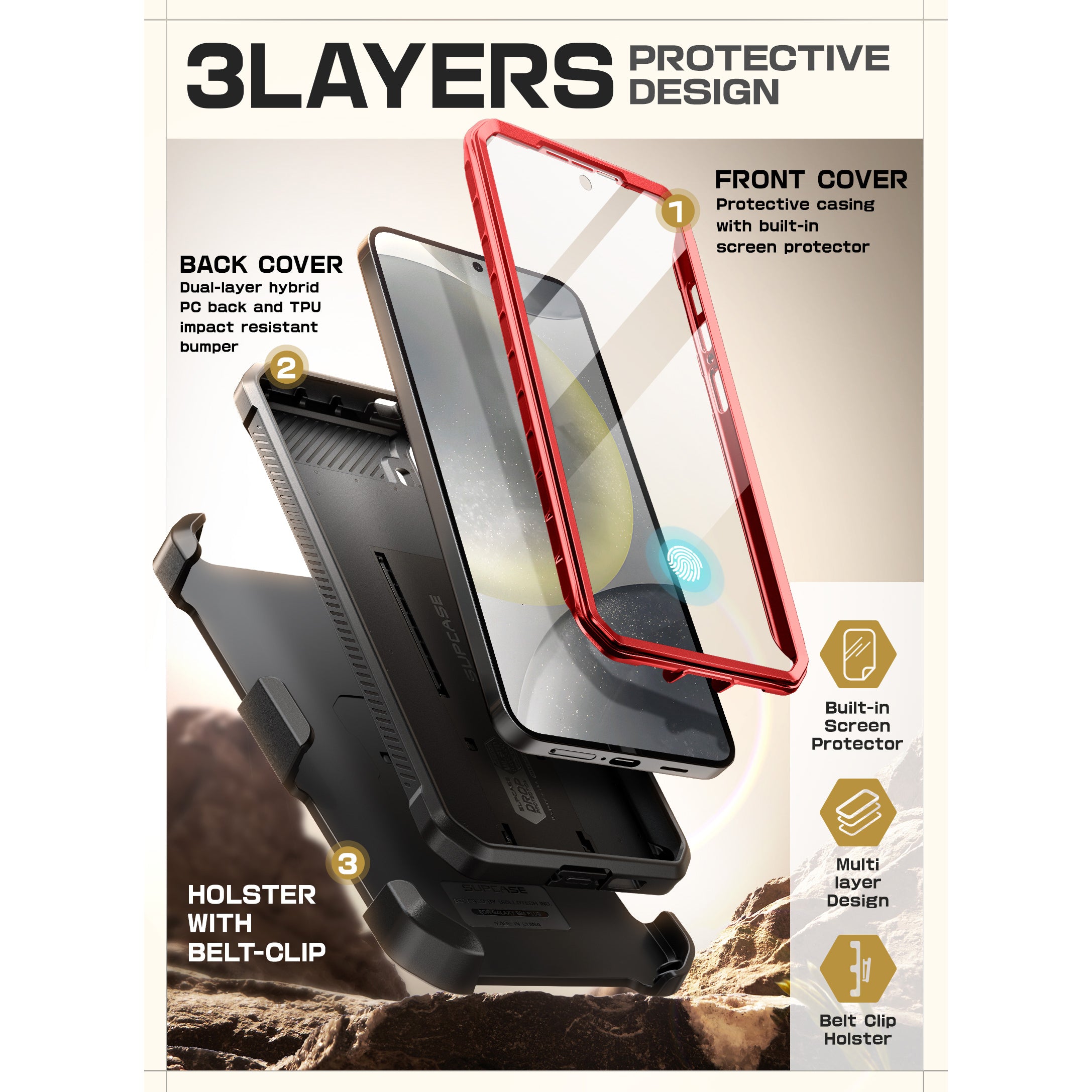 SUPCASE Unicorn Beetle PRO rugged case in Metallic Red on a Samsung Galaxy S25 Plus with kickstand and belt clip holster. — view 5