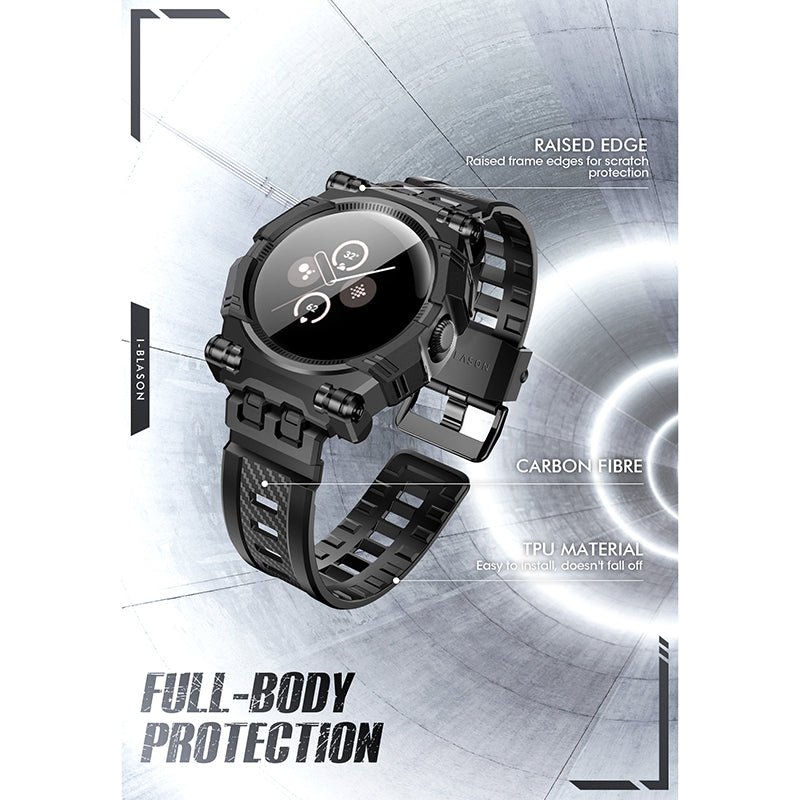 Black i-Blason Armorbox rugged case with integrated wristband fitted to a 41mm Google Pixel Watch. — view 2