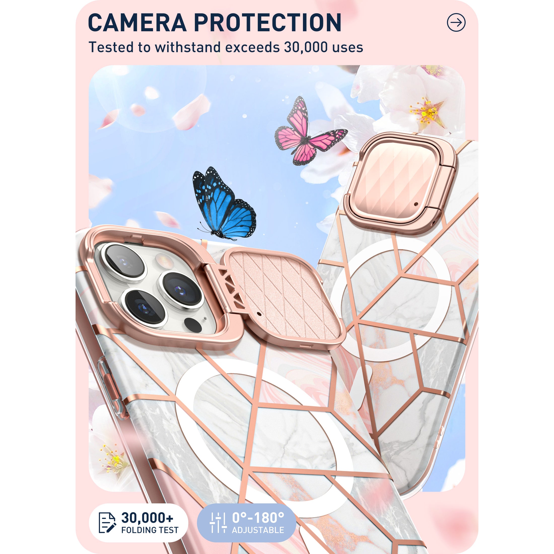 i-Blason Cosmo Mag full-body case in Marble Pink on an iPhone 15 Pro with camera cover kickstand. — view 4
