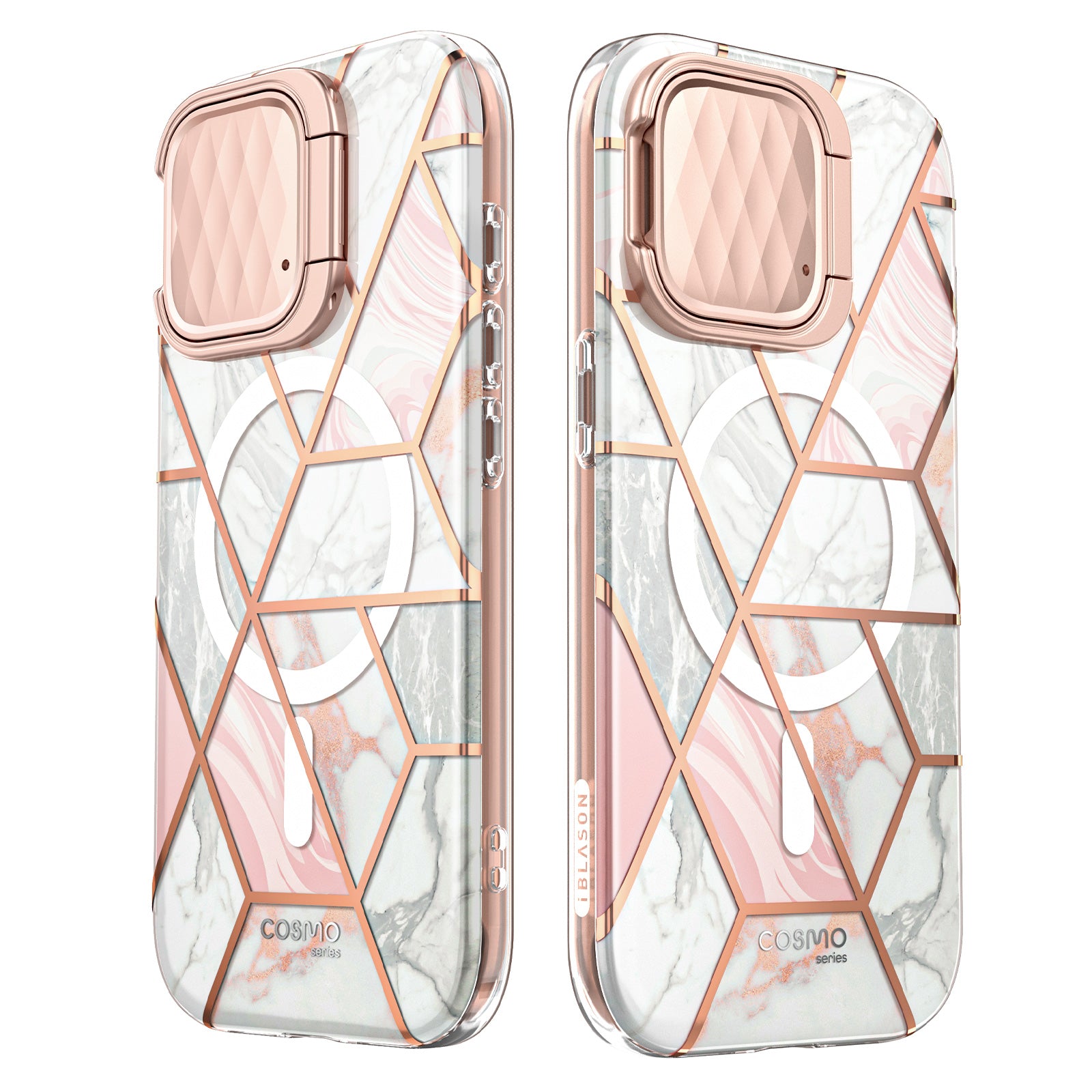i-Blason Cosmo Mag full-body case in Marble Pink on an iPhone 15 Pro with camera cover kickstand. — view 8