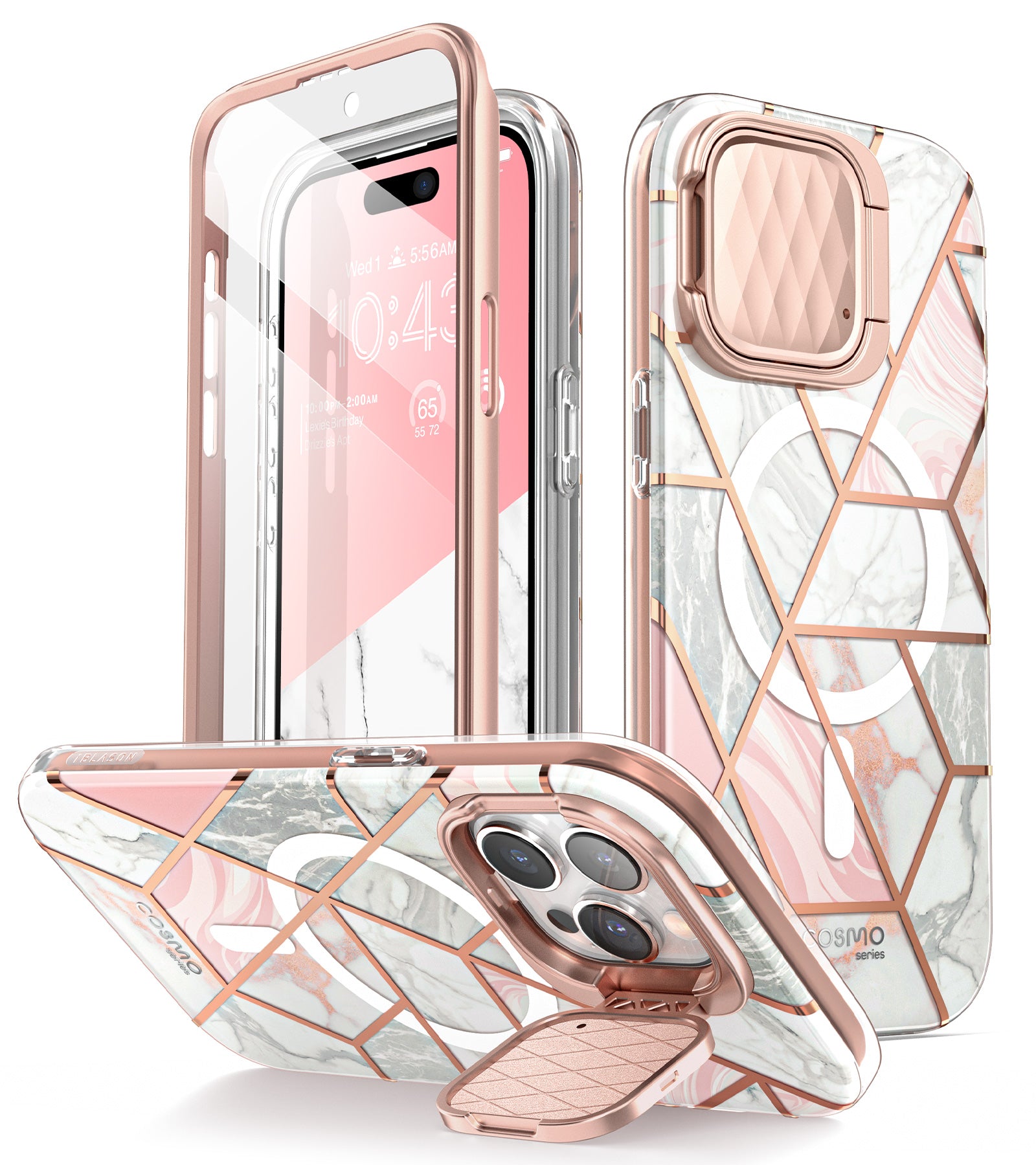 i-Blason Cosmo Mag full-body case in Marble Pink on an iPhone 15 Pro with camera cover kickstand. — view 2