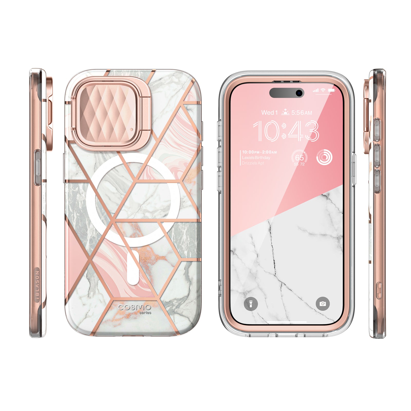 i-Blason Cosmo Mag full-body case in Marble Pink on an iPhone 15 Pro with camera cover kickstand. — view 9