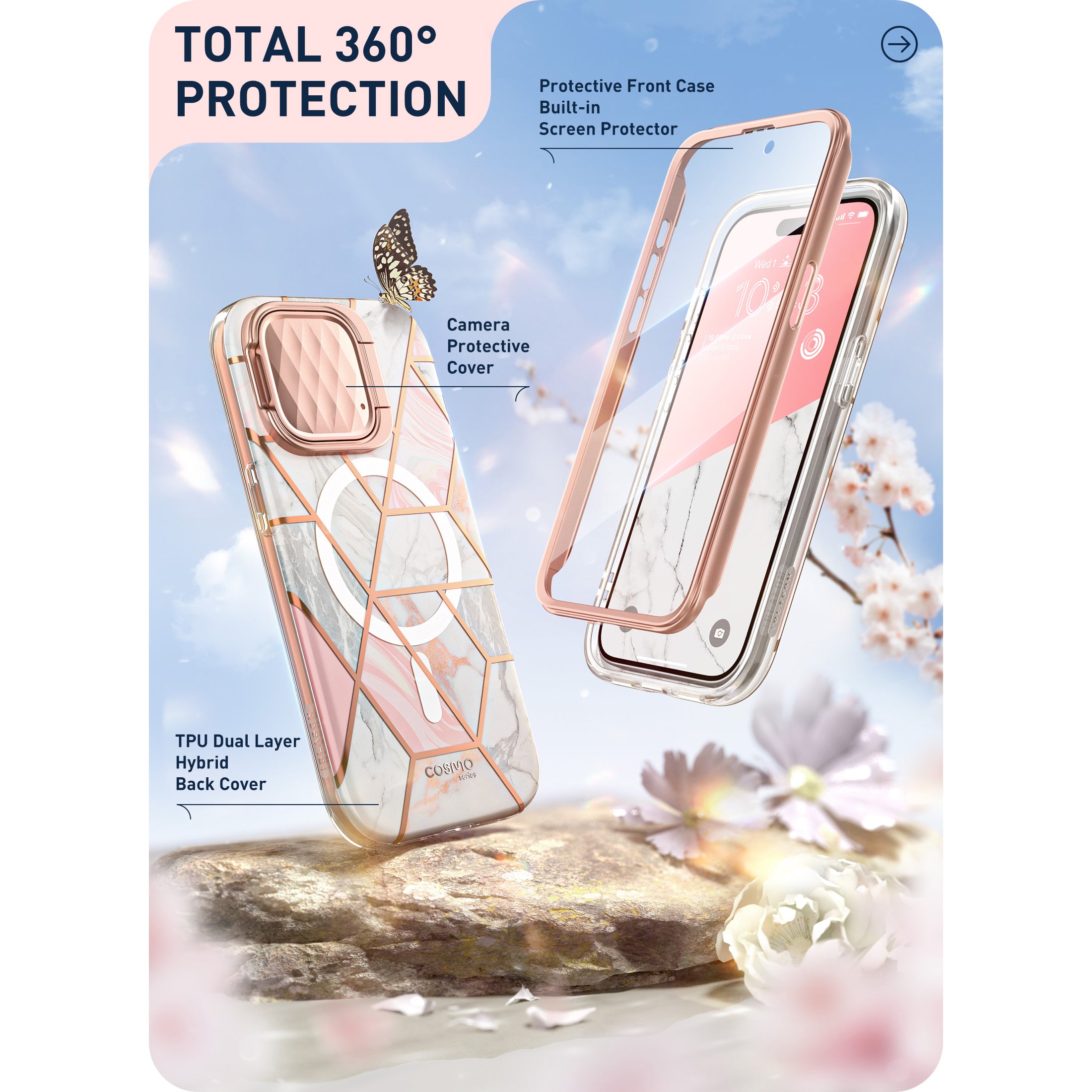 i-Blason Cosmo Mag full-body case in Marble Pink on an iPhone 15 Pro with camera cover kickstand. — view 7