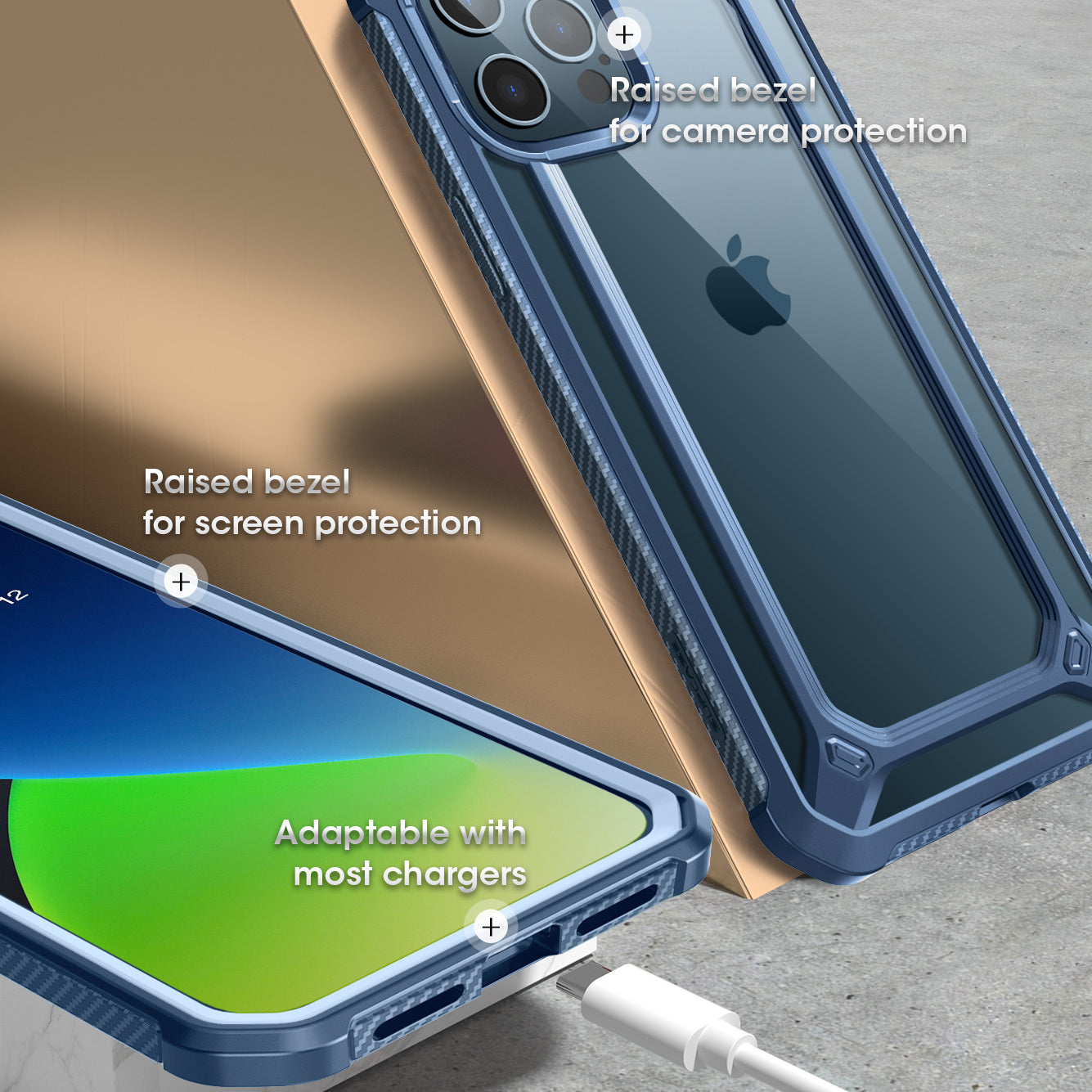SUPCASE Unicorn Beetle Exo clear case with blue bumper and built-in screen protector on an iPhone 12 Pro Max. — view 7
