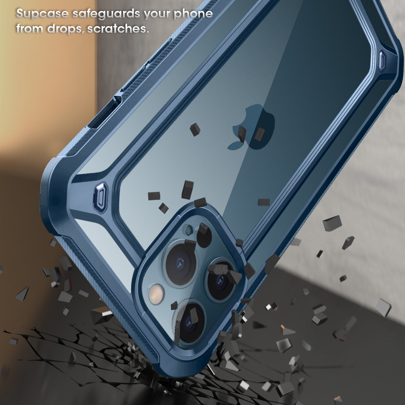 SUPCASE Unicorn Beetle Exo clear case with blue bumper and built-in screen protector on an iPhone 12 Pro Max. — view 4