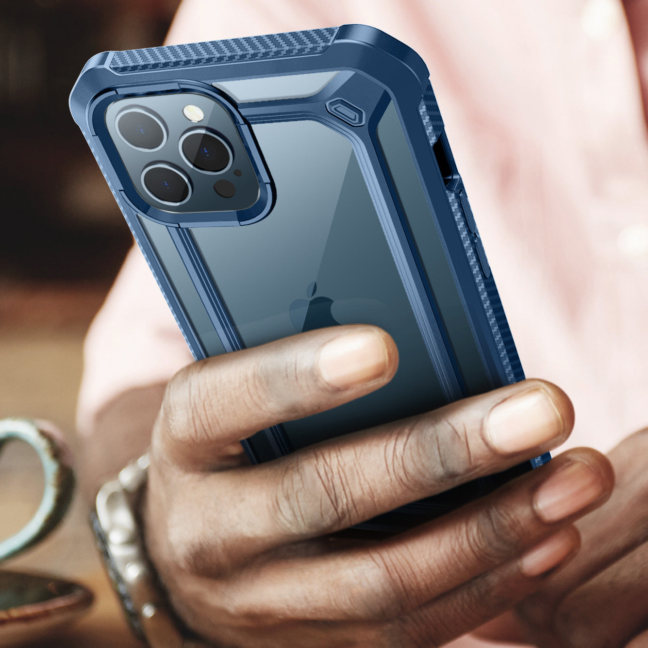 SUPCASE Unicorn Beetle Exo clear case with blue bumper and built-in screen protector on an iPhone 12 Pro Max. — view 9