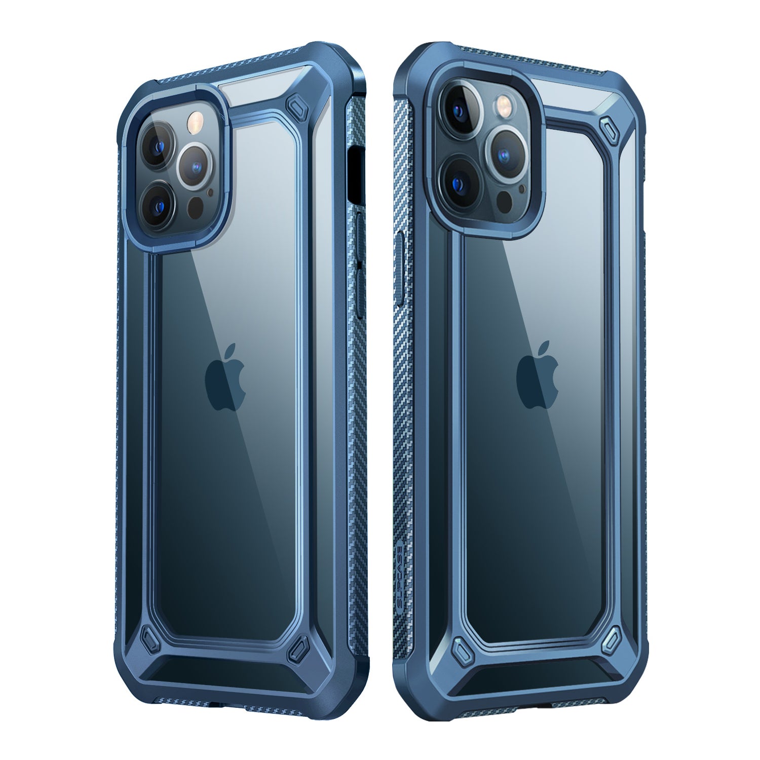 SUPCASE Unicorn Beetle Exo clear case with blue bumper and built-in screen protector on an iPhone 12 Pro Max. — view 3