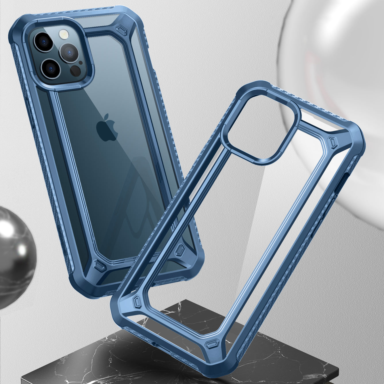 SUPCASE Unicorn Beetle Exo clear case with blue bumper and built-in screen protector on an iPhone 12 Pro Max. — view 5