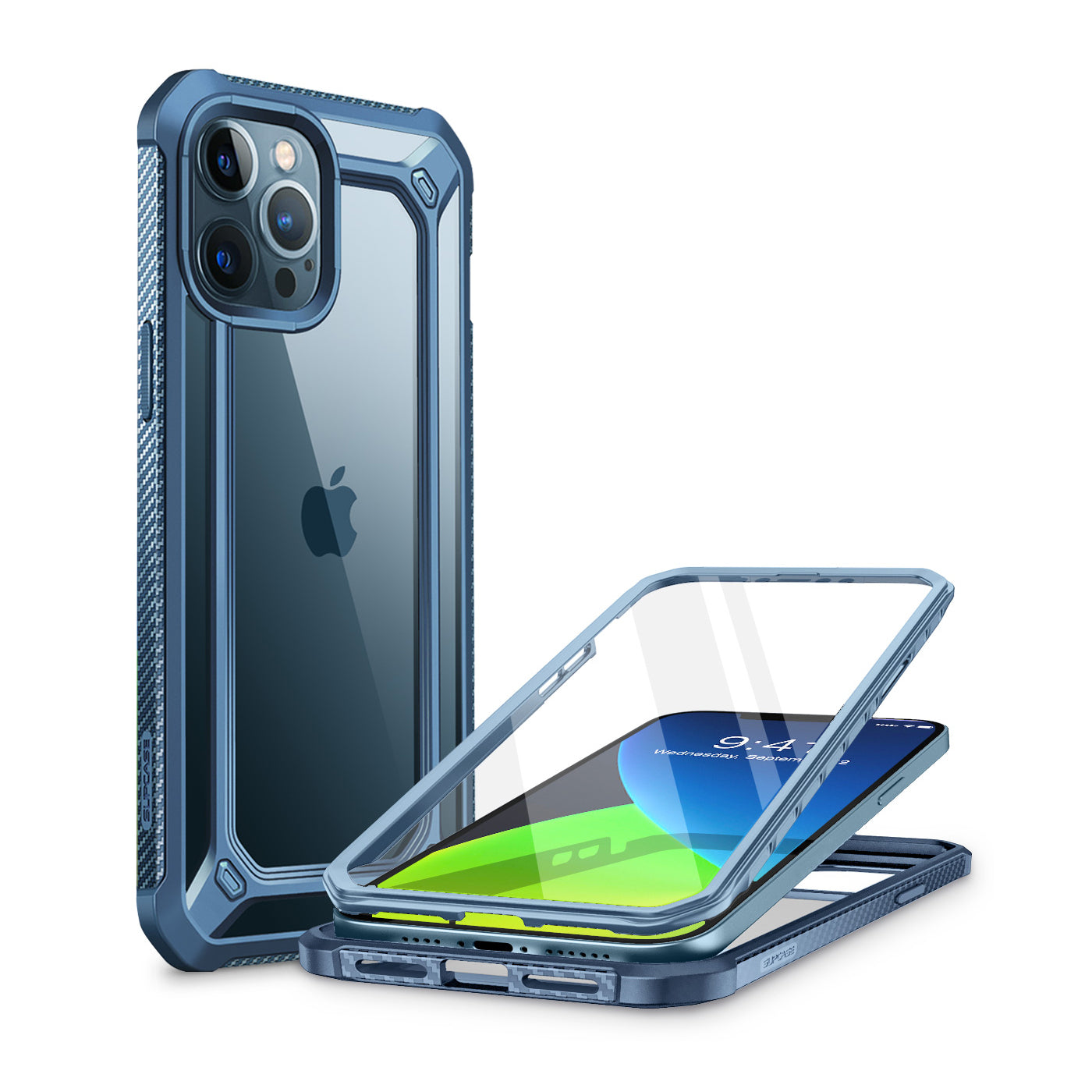 SUPCASE Unicorn Beetle Exo clear case with blue bumper and built-in screen protector on an iPhone 12 Pro Max. — view 2